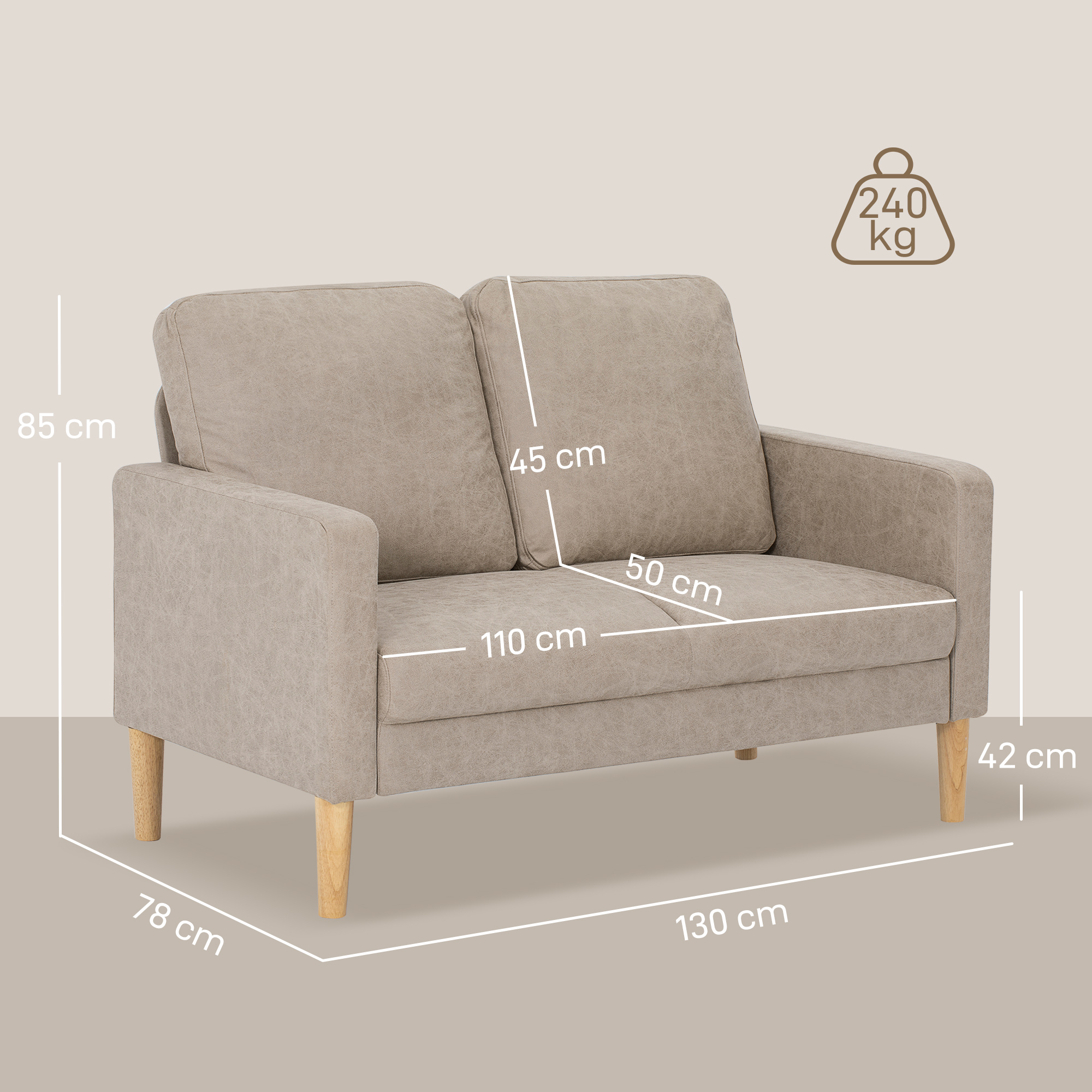 Sofá beige de dos plazas con patas de madera, se muestran las dimensiones.