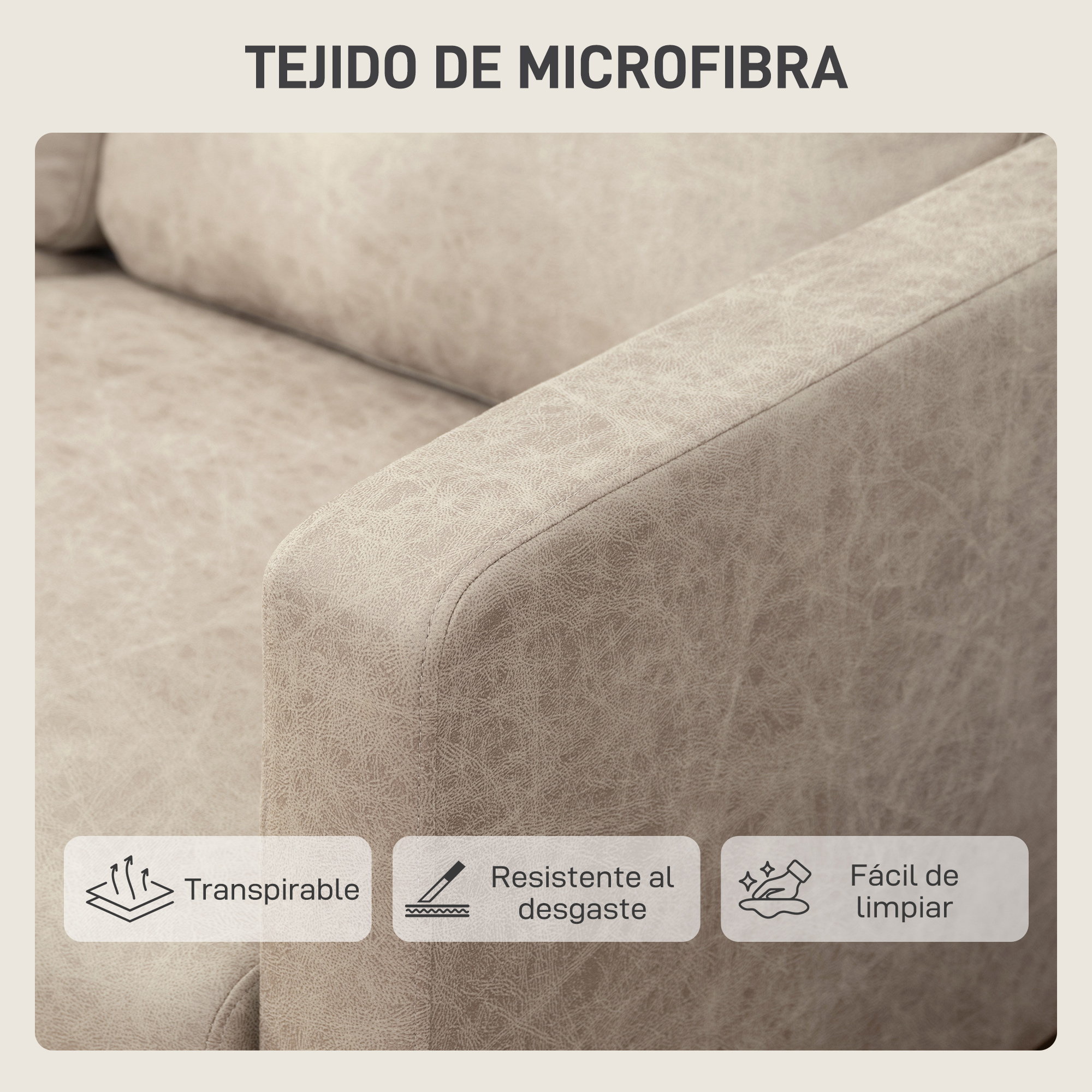 Tejido de microfibra beige con tres iconos: transpirable, resistente al desgaste, fácil de limpiar.