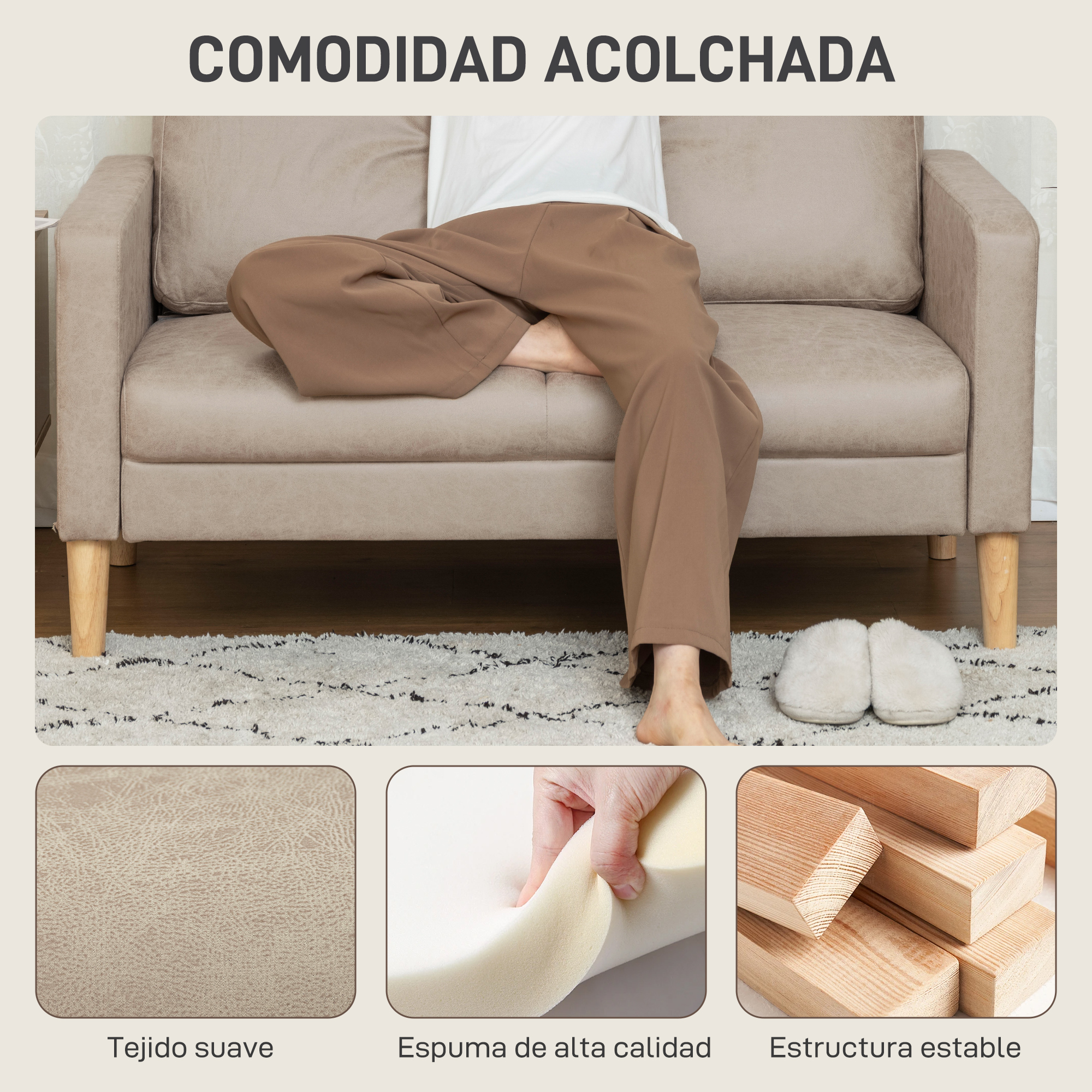 Persona sentada en sofá beige, alfombra, zapatillas. Detalles: tela, espuma, madera.