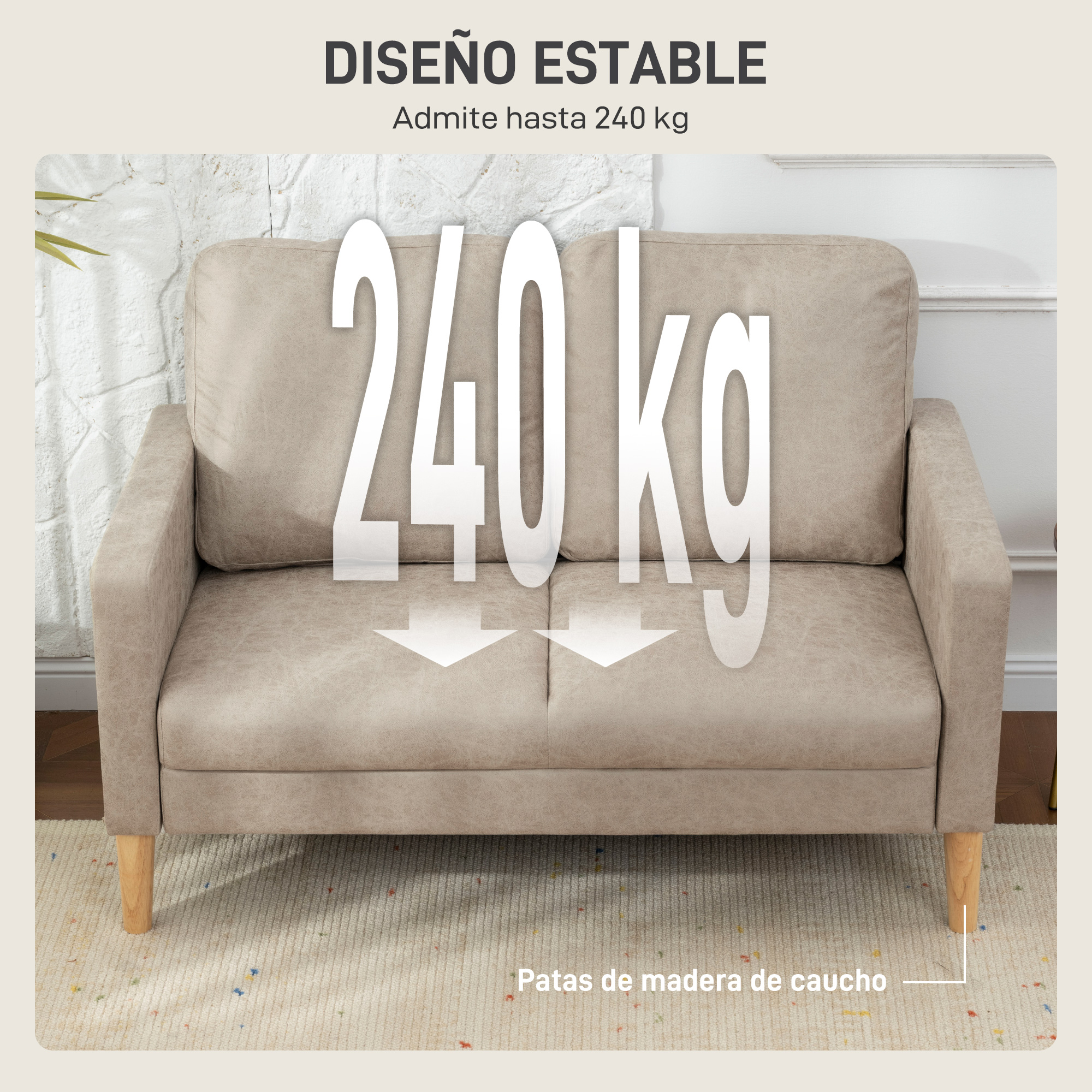 Sofá beige de 2 plazas con patas de madera, soporta 240 kg.