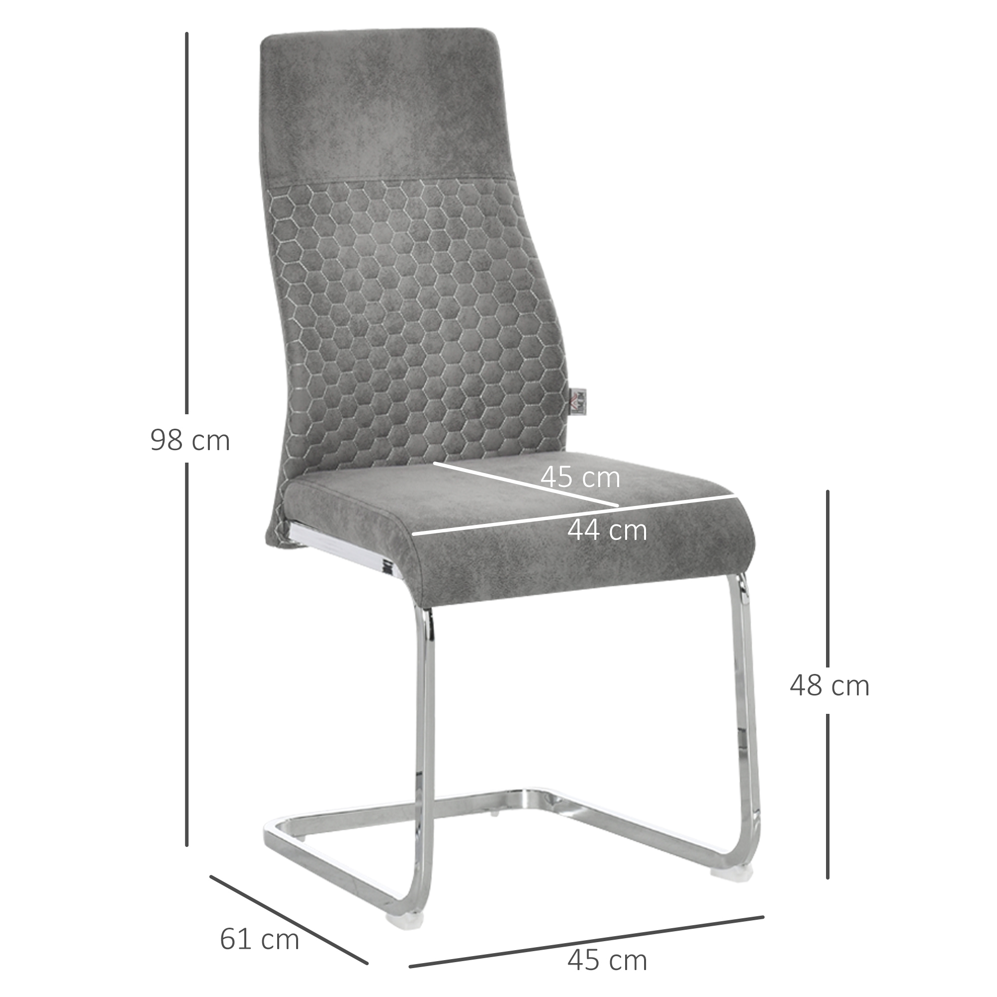 Silla de tela gris con patrón de panal. Dimensiones: 98x45x44cm, fondo 61cm, altura 48cm.