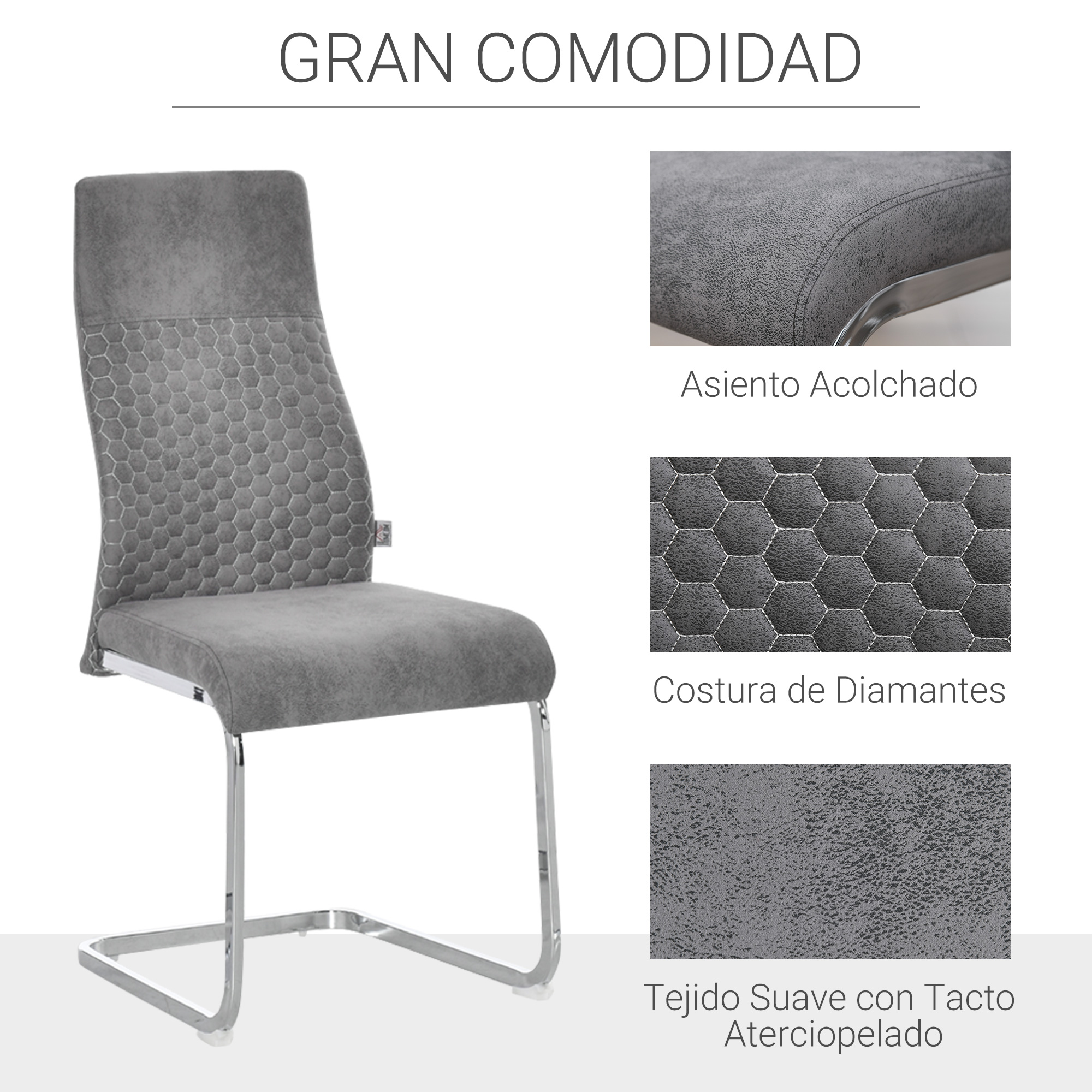 Silla gris con respaldo acolchado, patas cromadas y textura suave.