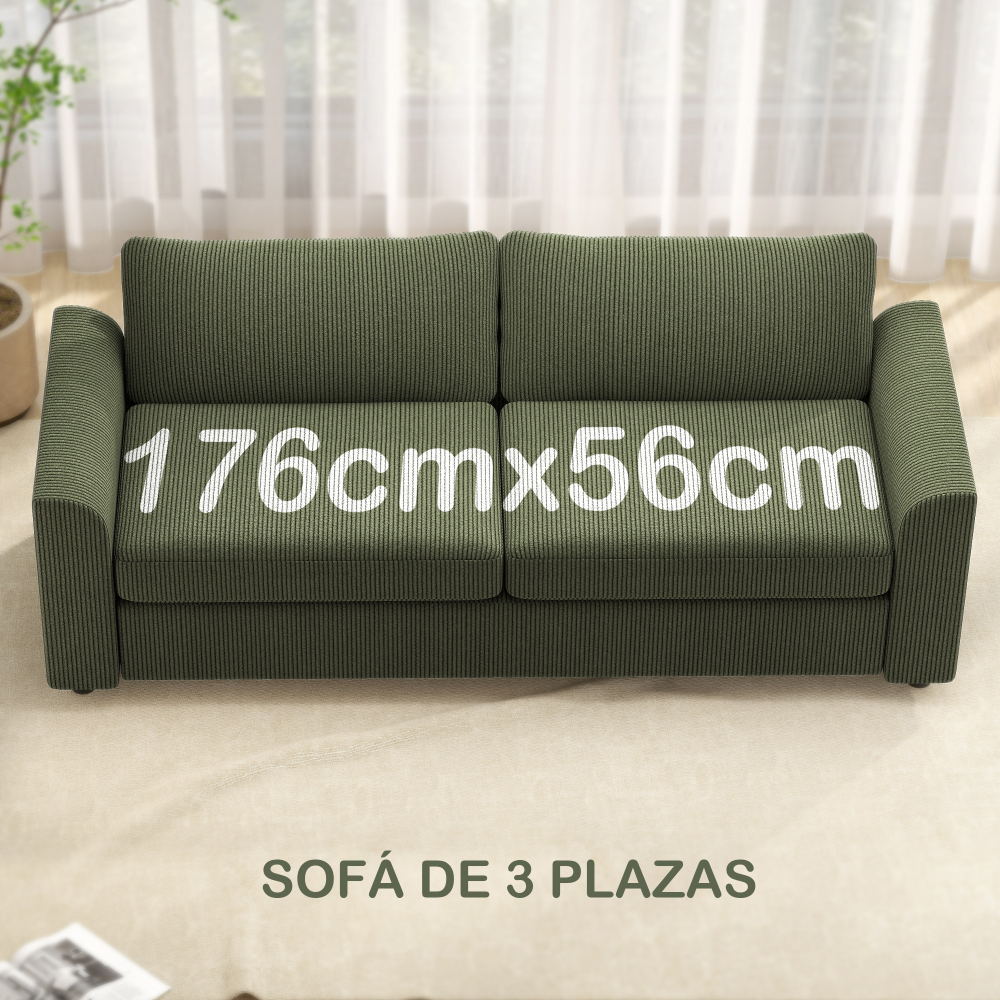Sofá verde con medidas blancas 176x56cm y texto 'SOFÁ DE 3 PLAZAS'.