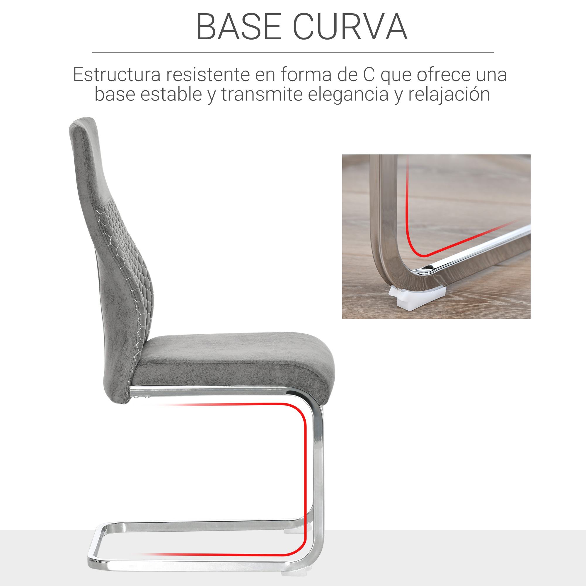 Silla de tela gris con base cromada en forma de C, vista de cerca de la base.