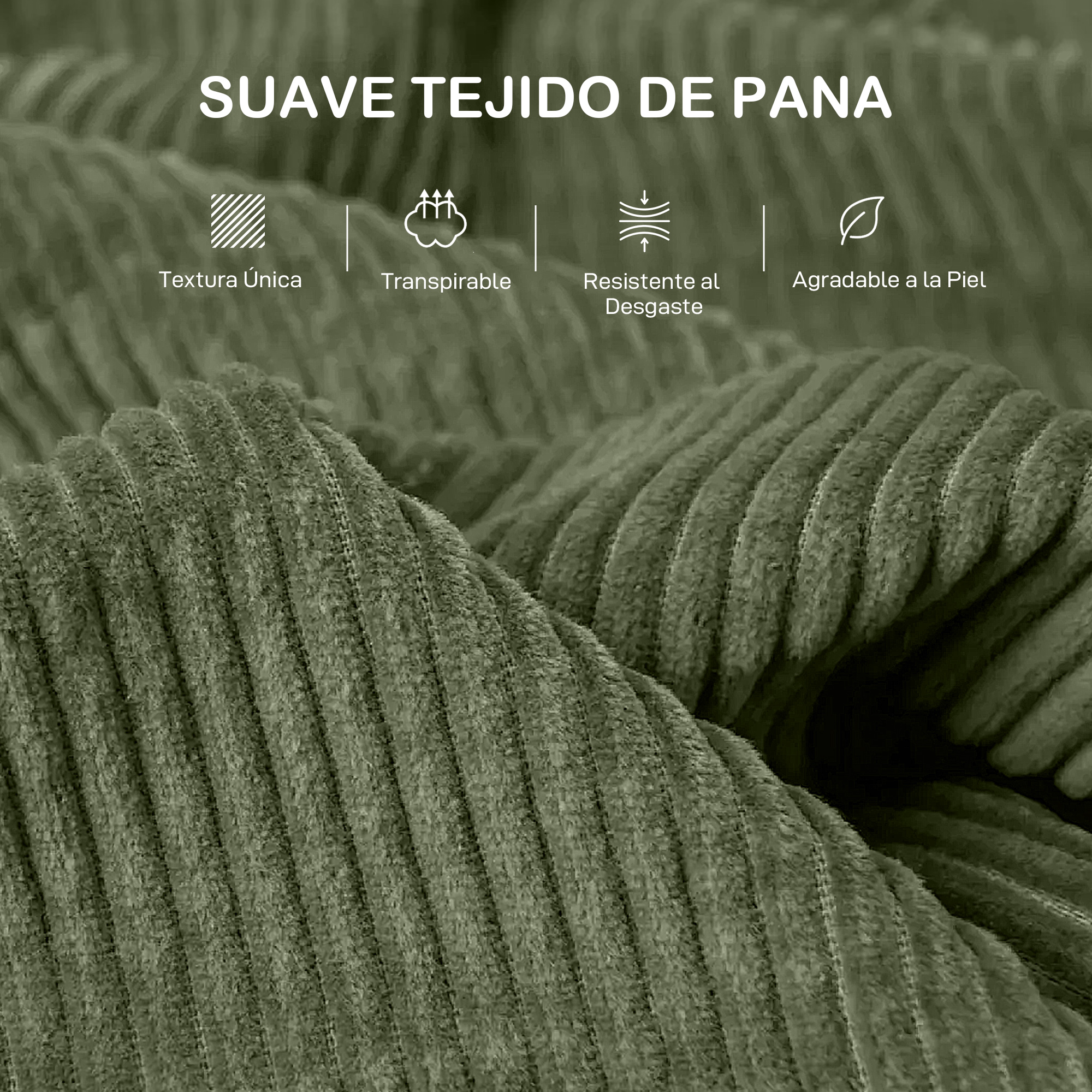 Tejido de pana verde con costillas verticales, primer plano.