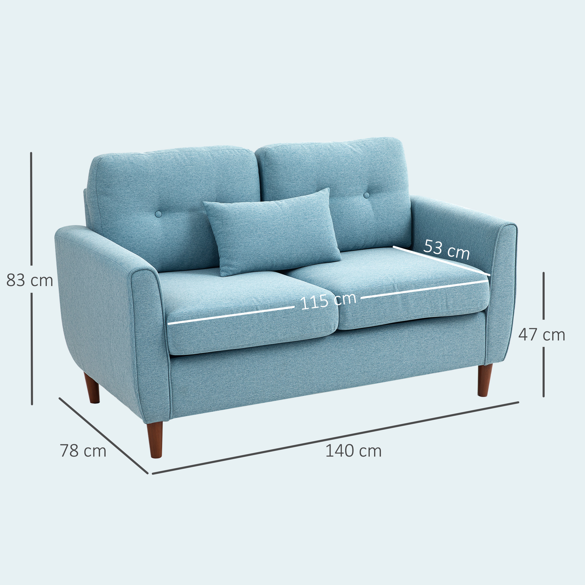 Un sofá azul claro de dos plazas con patas de madera y un cojín.