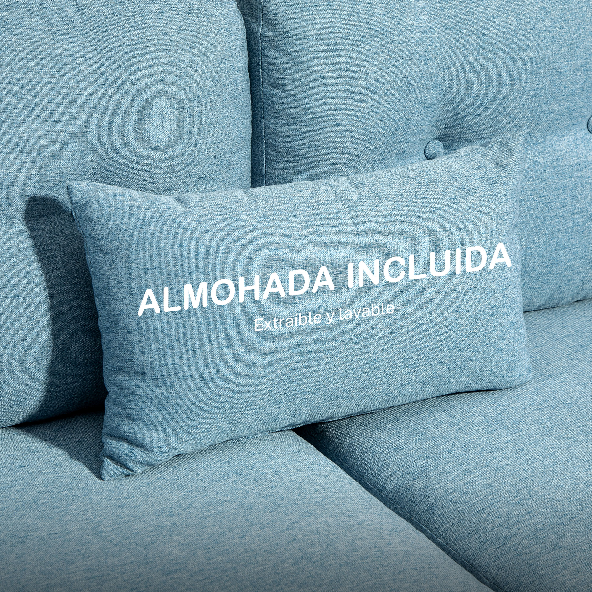 Un cojín azul con el texto "ALMOHADA INCLUIDA" y "Extraíble y Lavable".