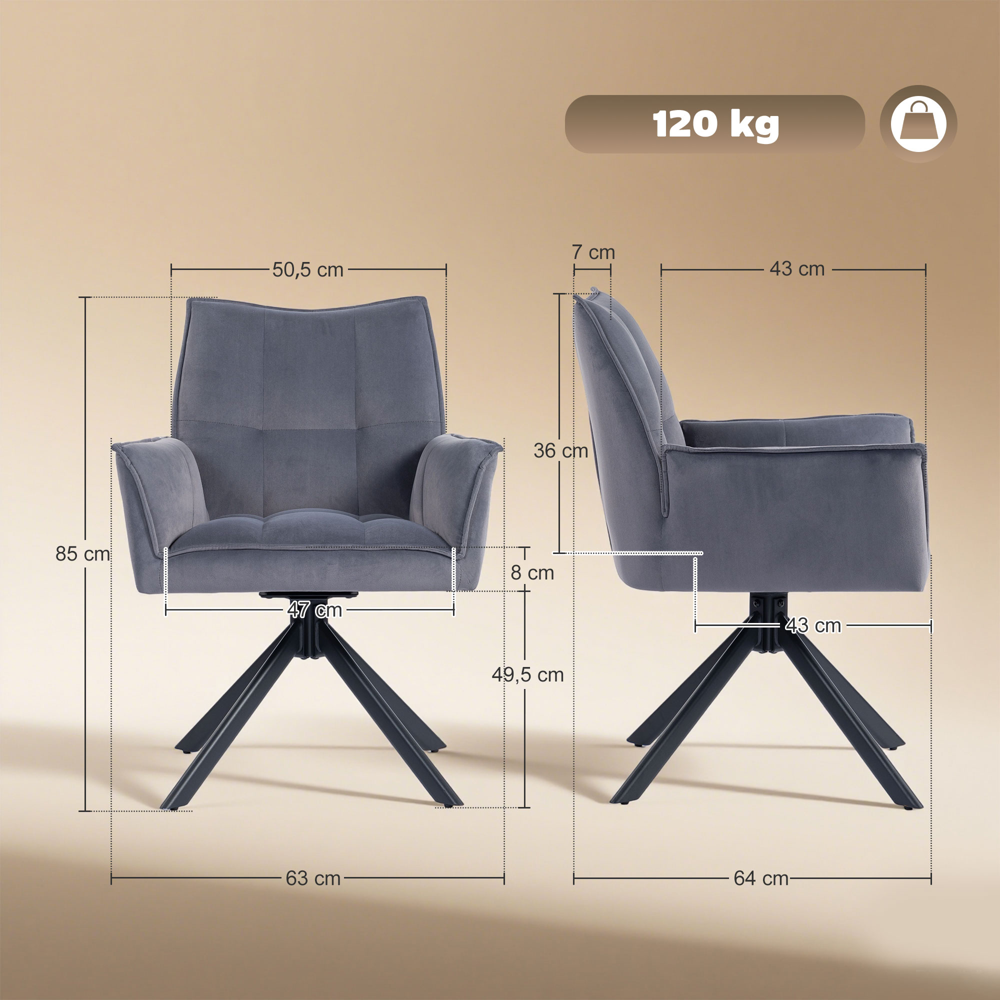Sillón gris con dimensiones y capacidad de 120 kg. Base de estrella negra.