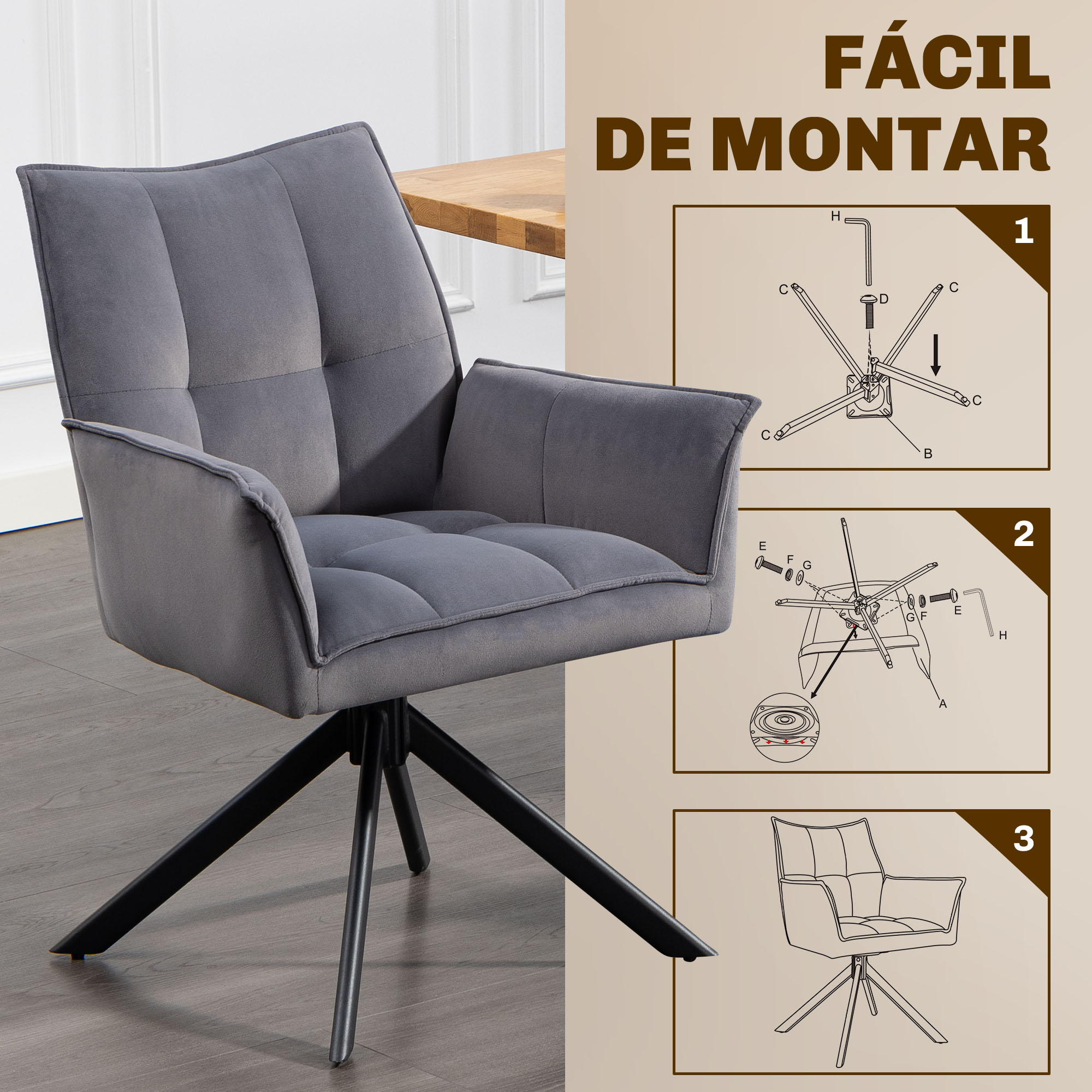 Sillón gris con instrucciones de montaje en el lado derecho.