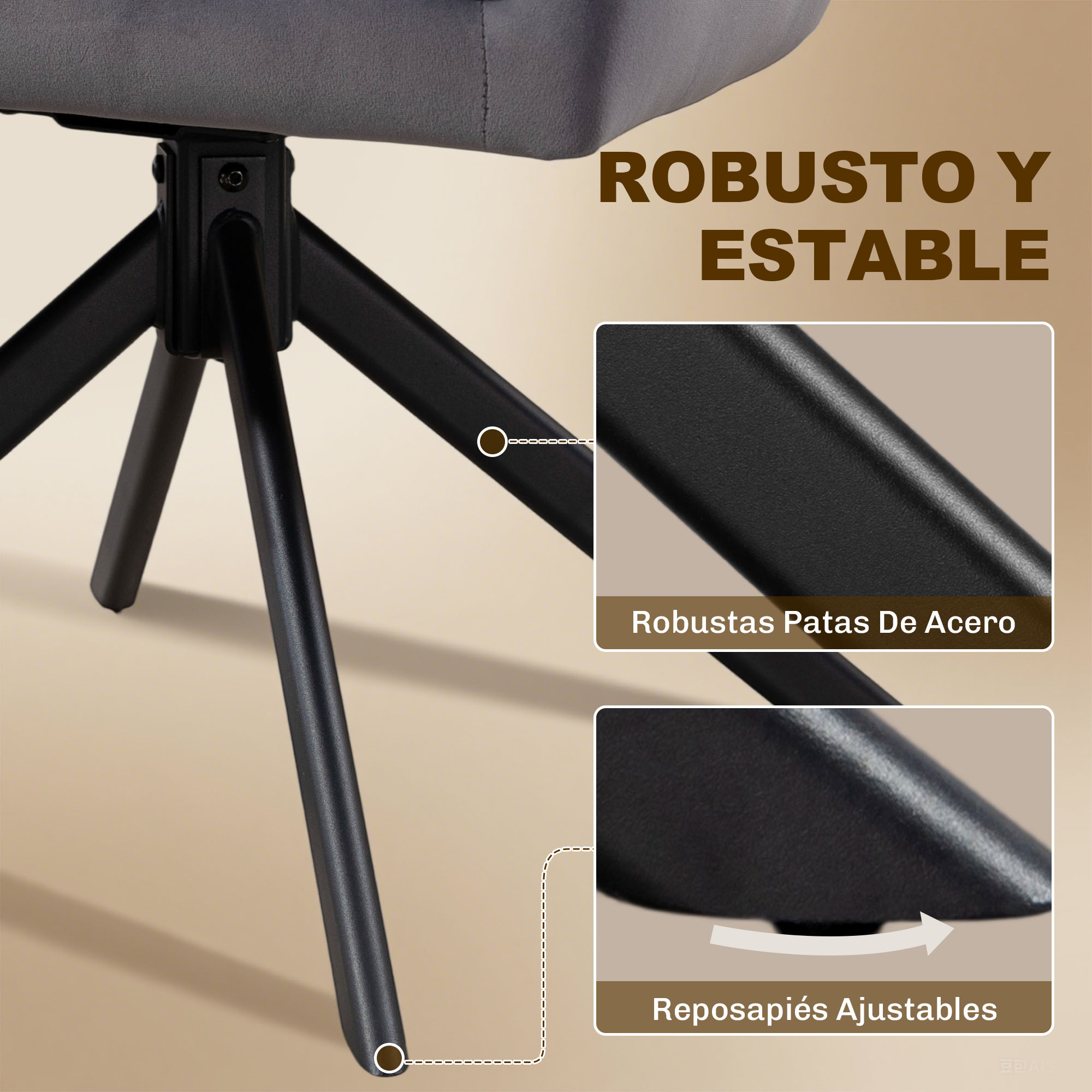 Base de silla gris con patas de acero negras y reposapiés ajustable.