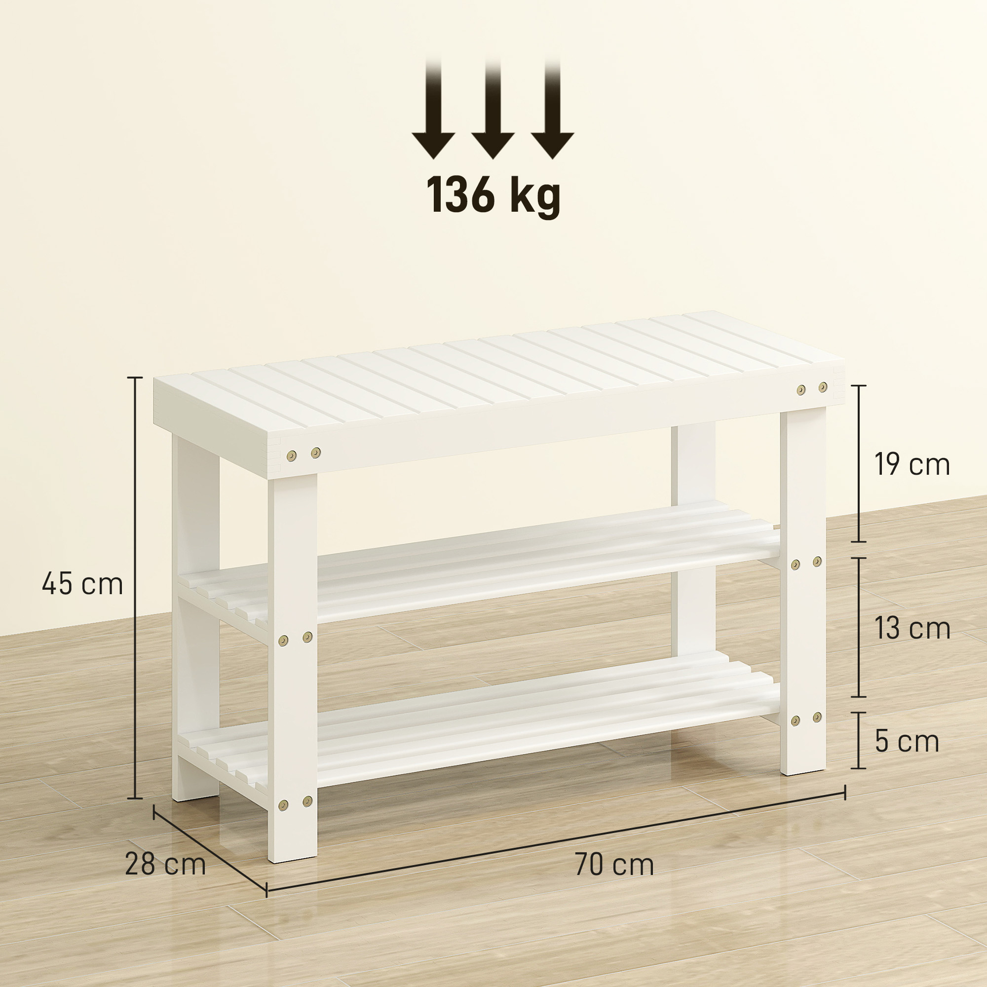 Scarpiera bianca a due ripiani, misure 70x28x45cm, carico 136kg.