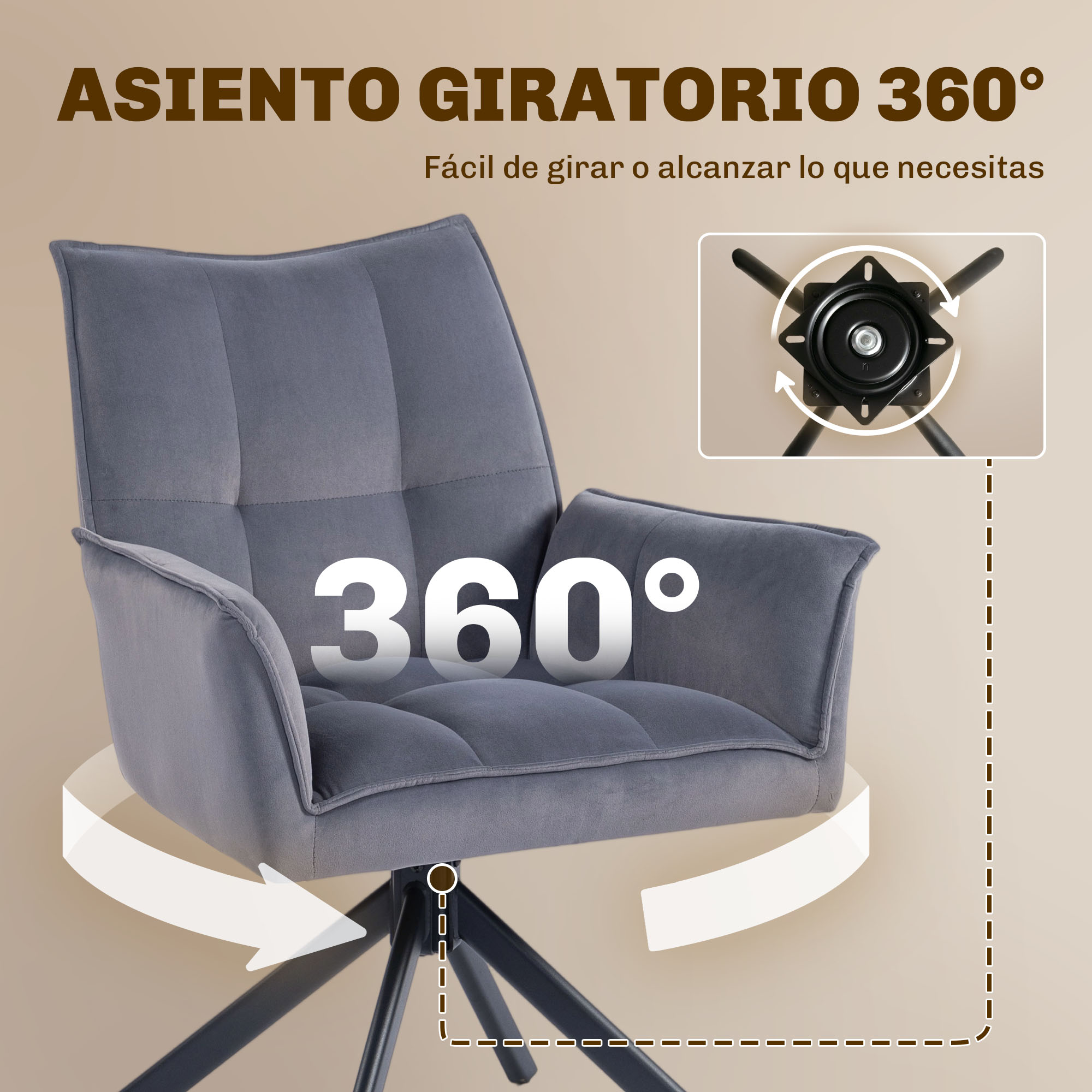 Silla giratoria gris con función 360°, mecanismo detallado y flechas.