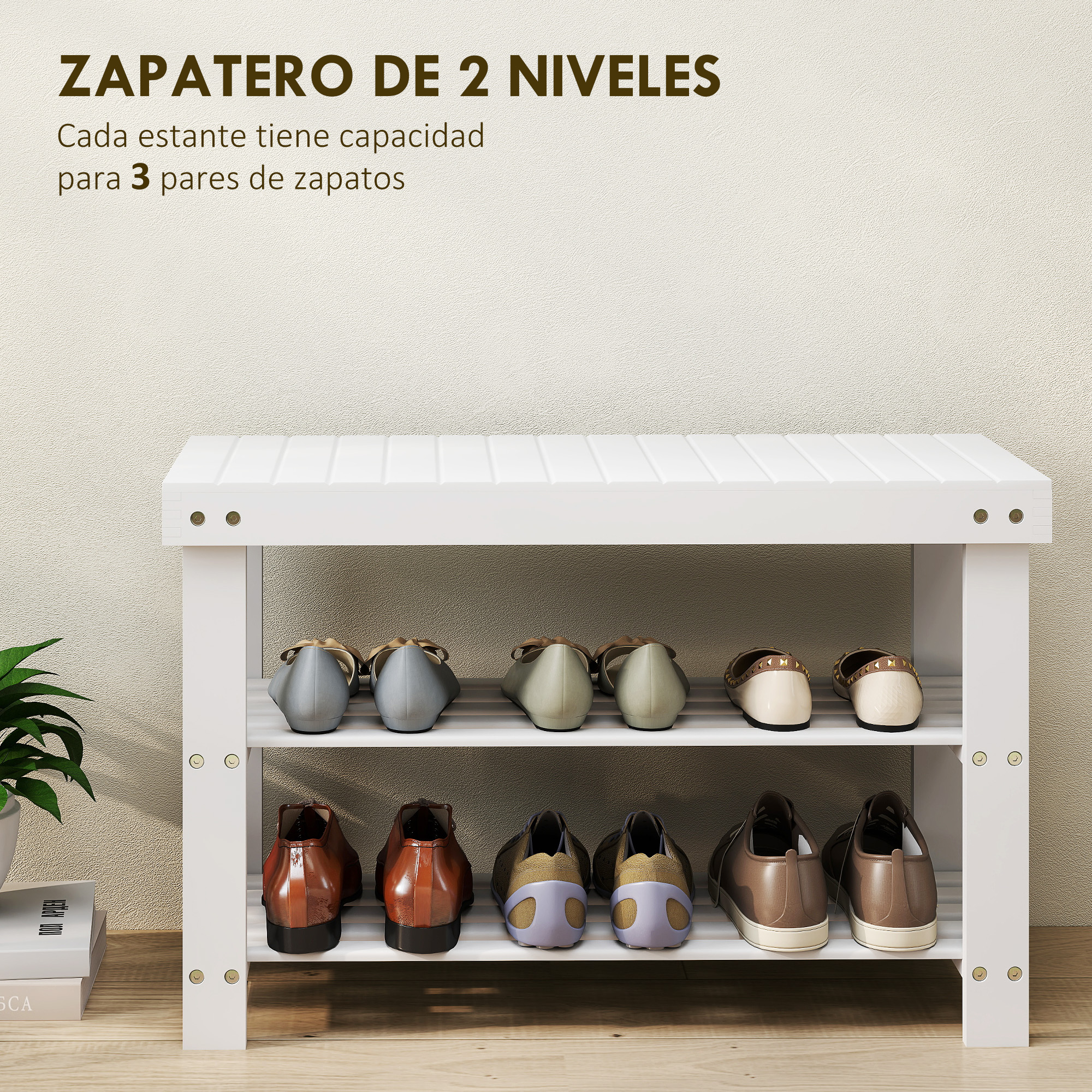 Un zapatero blanco de dos niveles con varios zapatos en sus estantes.