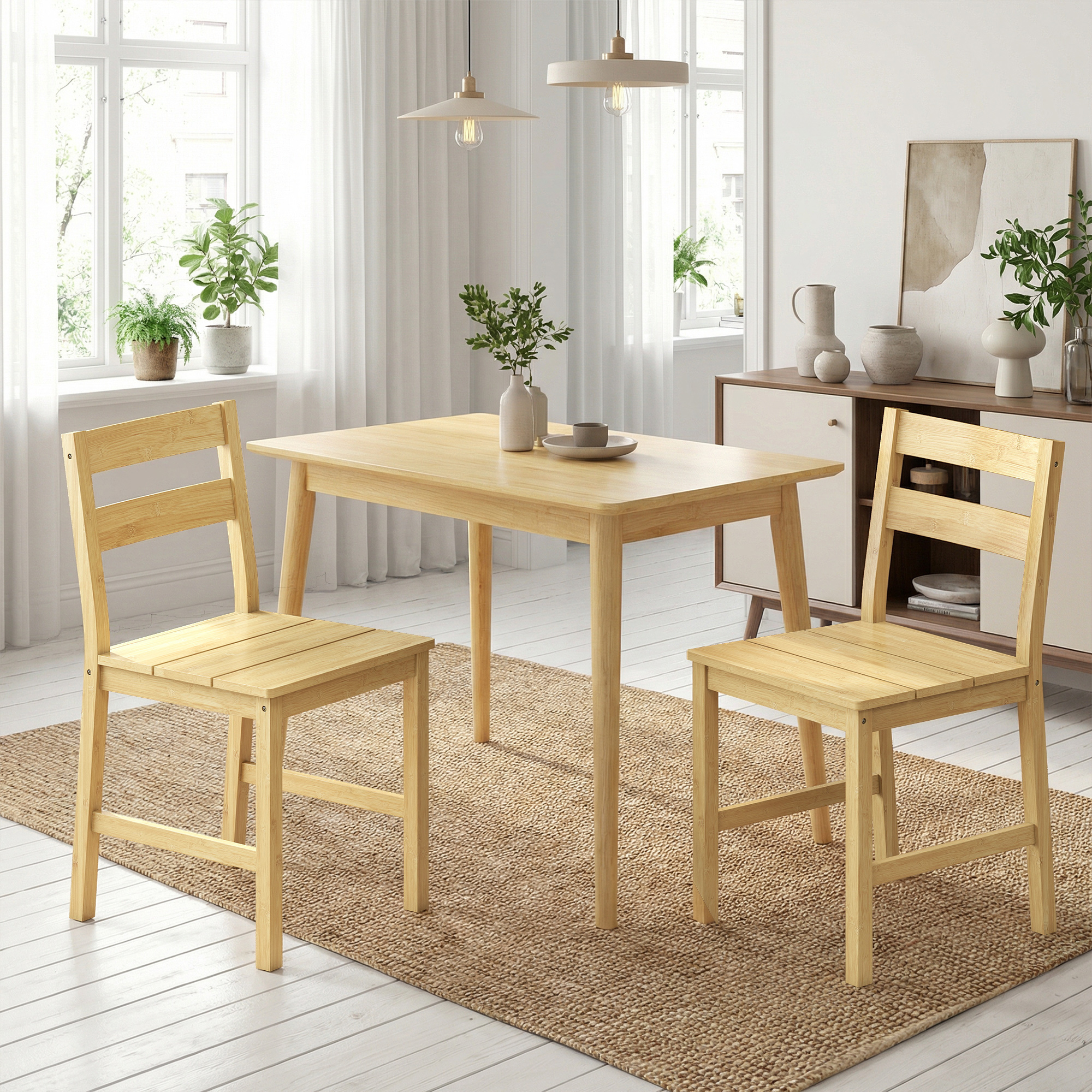 Sala da pranzo luminosa con tavolo in legno, due sedie su tappeto di juta.