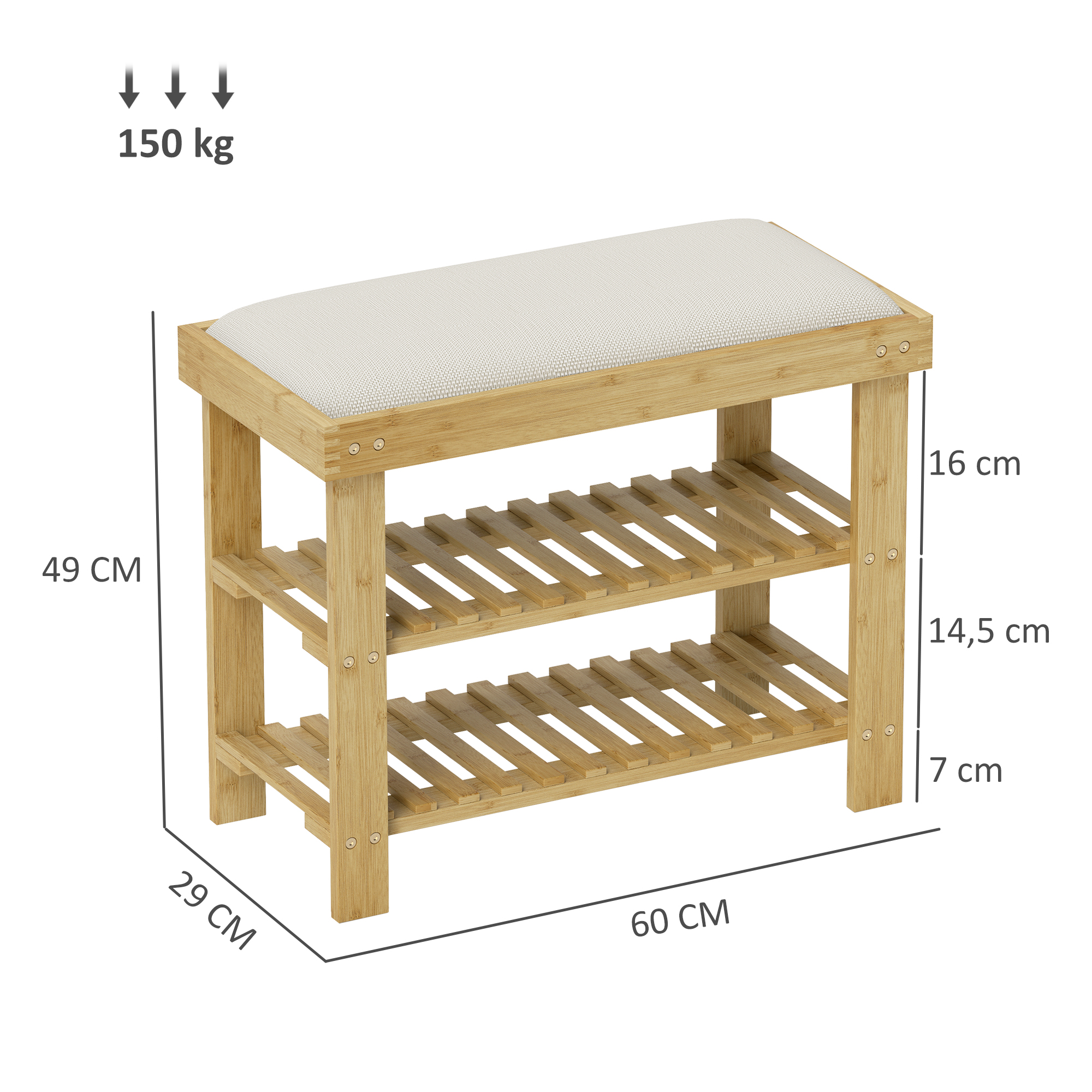 Zapatero de madera con banco y dos estantes, 60x29x49 cm.