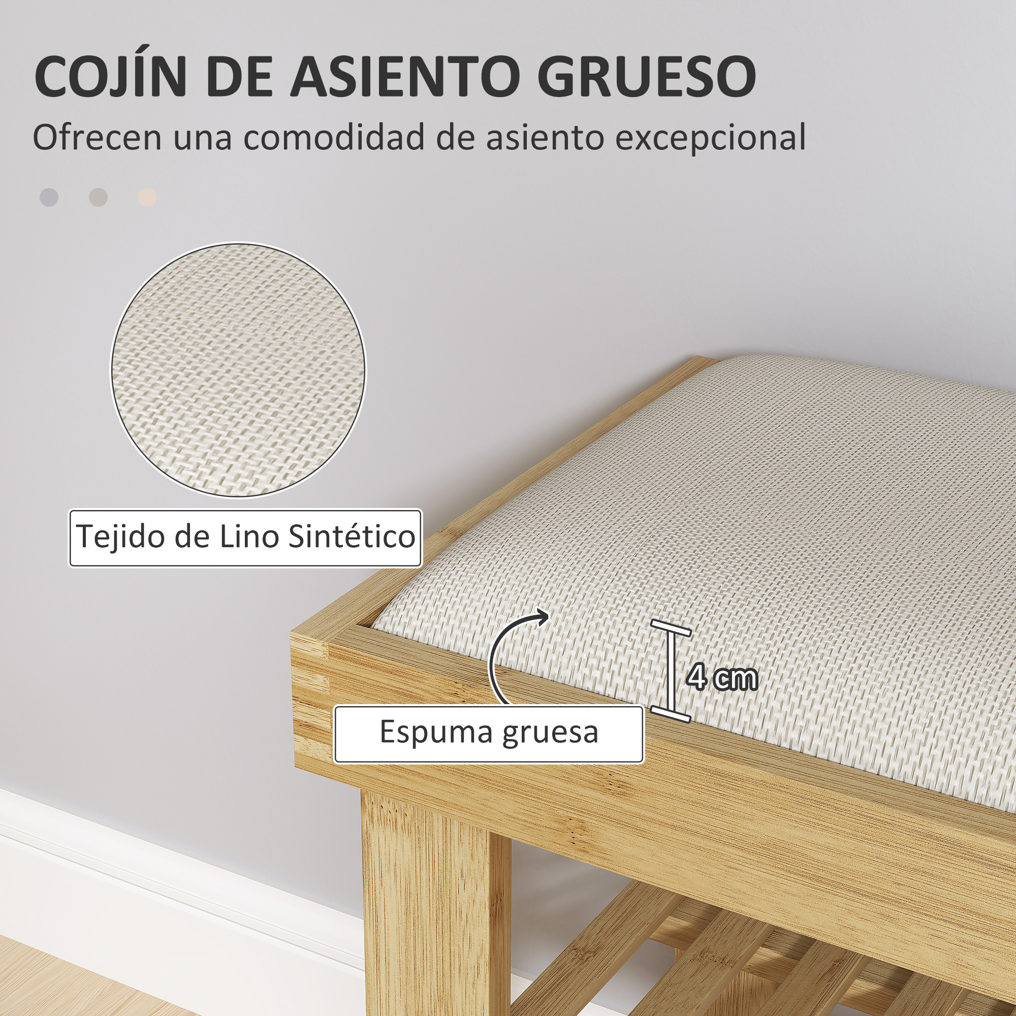 Cojín de asiento grueso de lino sintético con espuma de 4 cm.