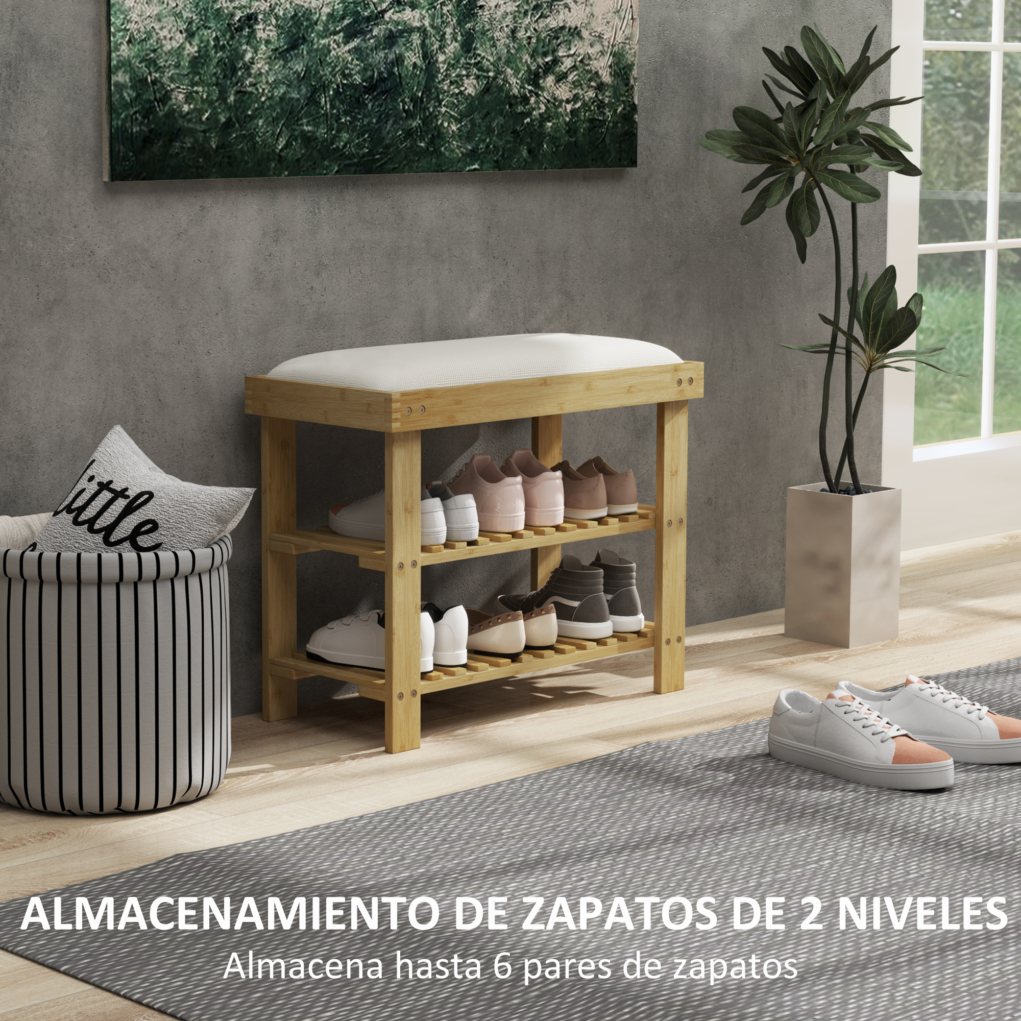 Un zapatero de madera con asiento blanco y zapatos en tres niveles.