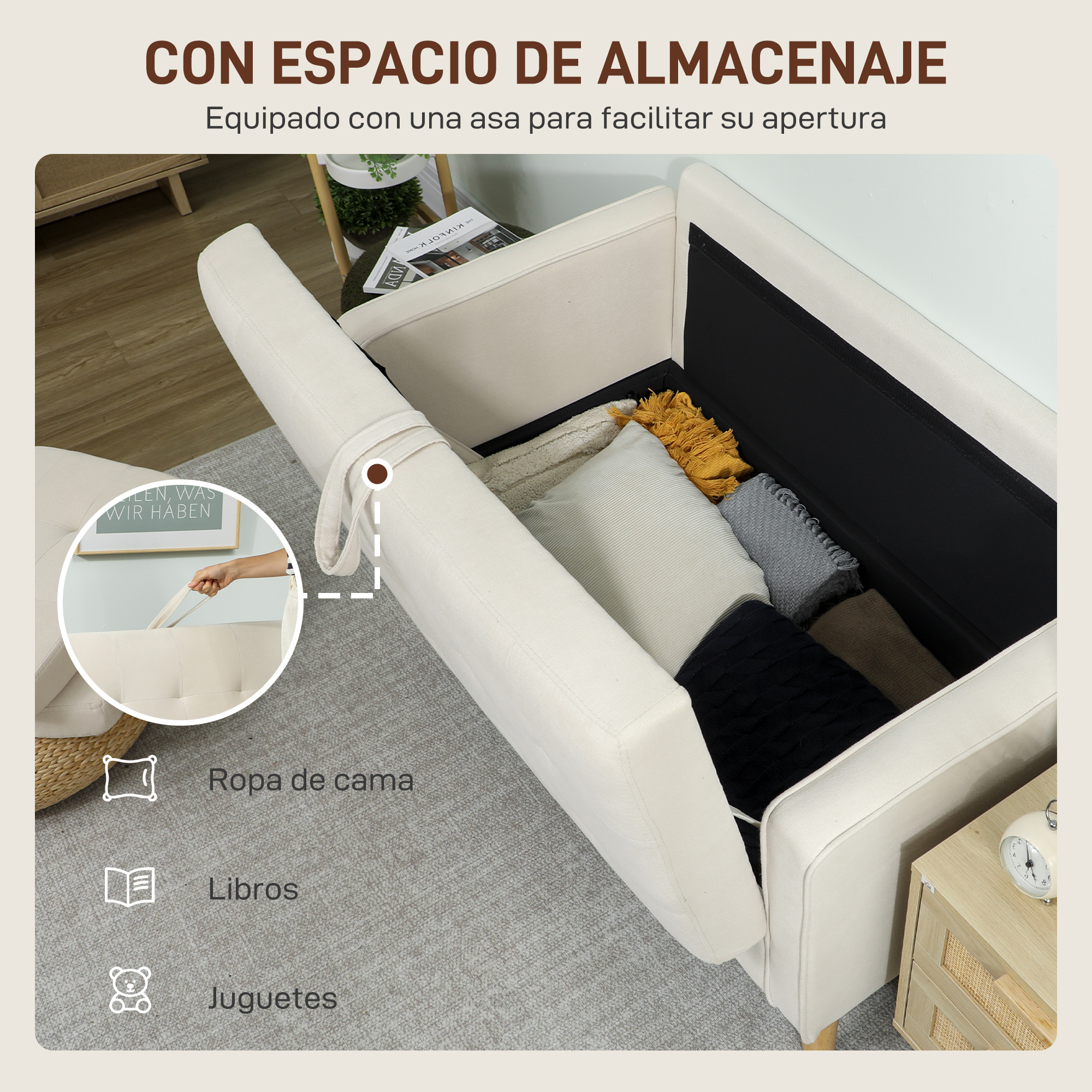 Un sofá beige con compartimento de almacenamiento abierto lleno de cojines.