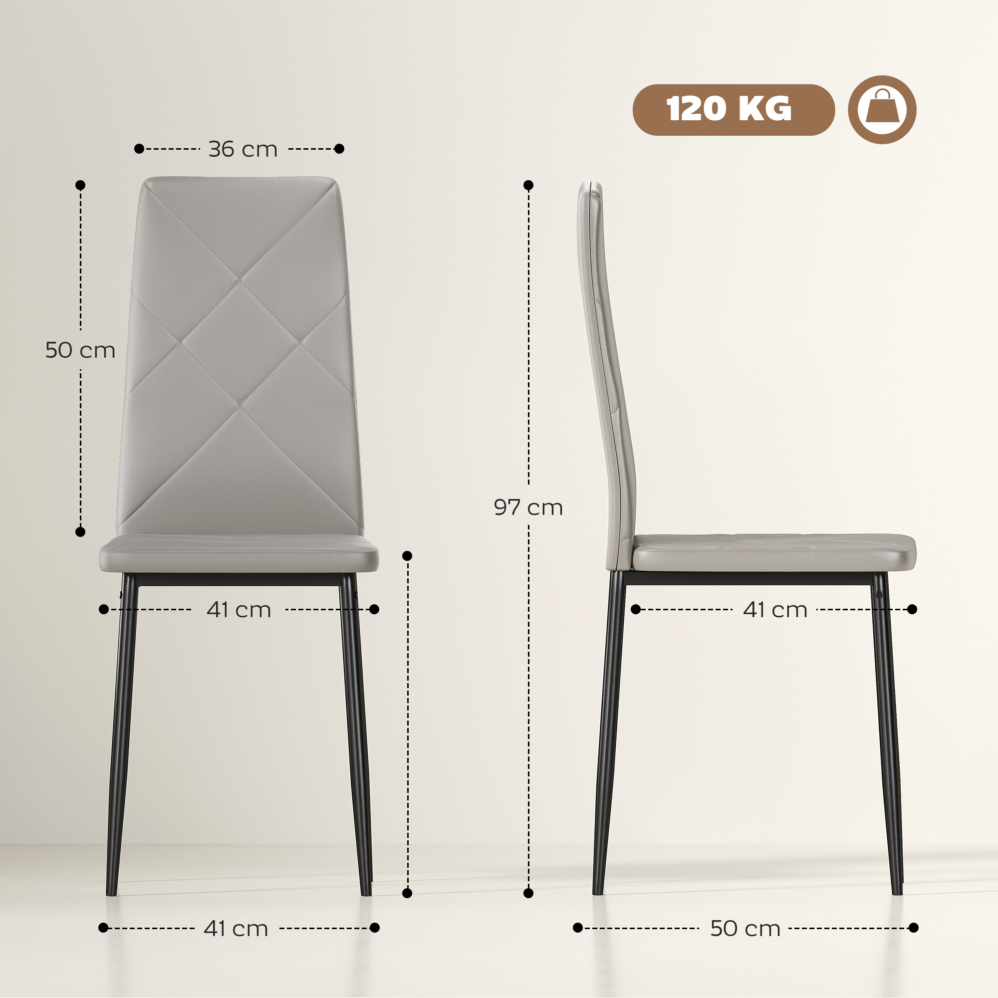 Sedia grigia con gambe nere, dimensioni indicate.