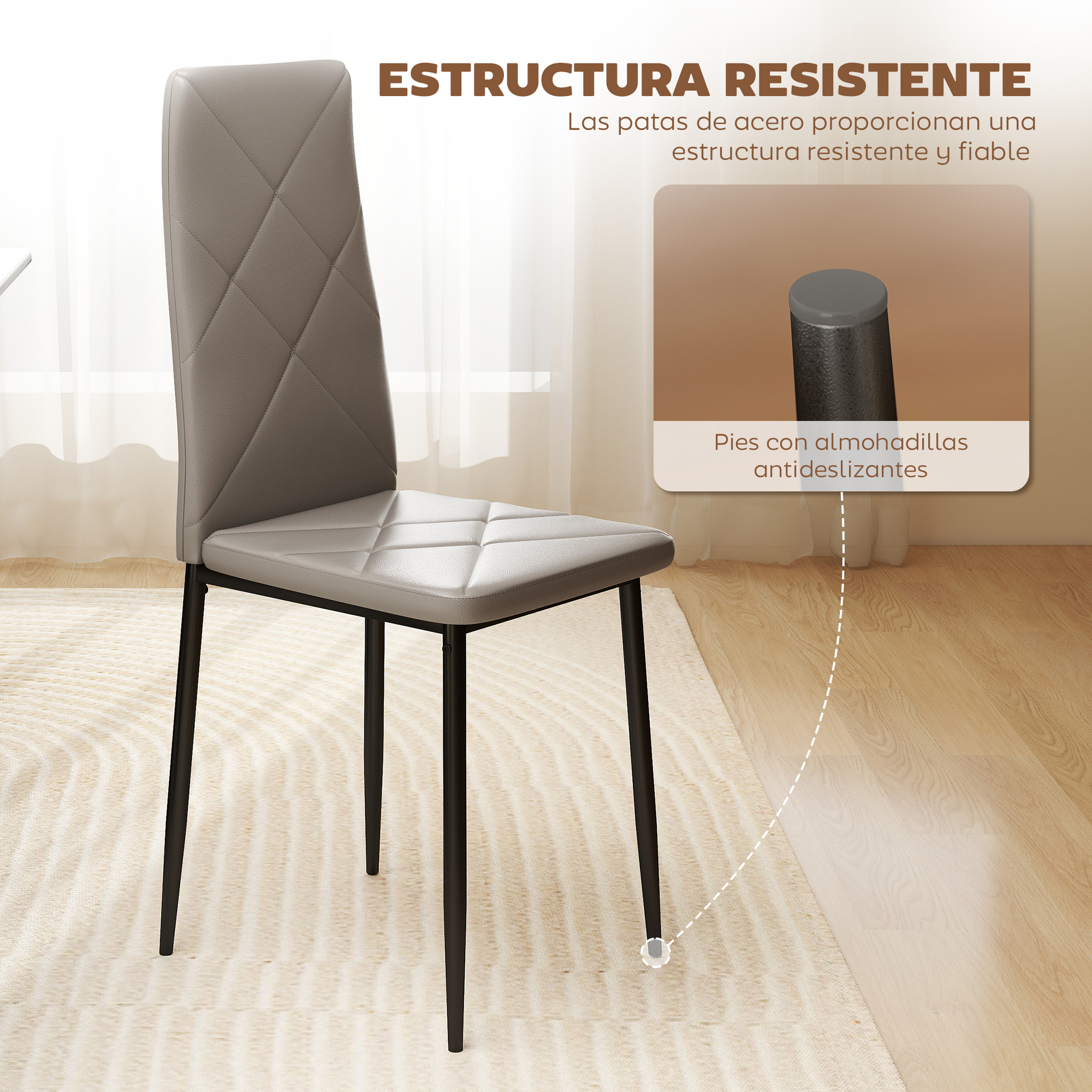 Silla gris de polipiel con respaldo y asiento capitoné, patas de metal negras.