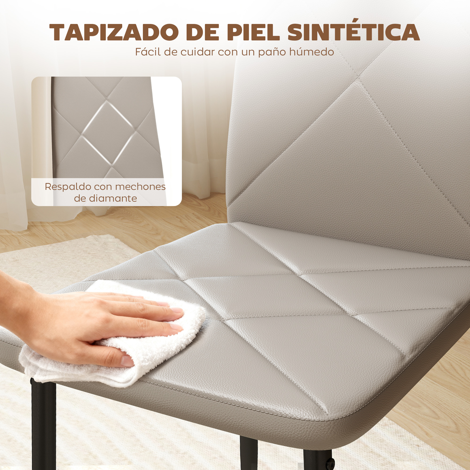 Una mano limpia una silla de cuero sintético gris con costuras de diamante.