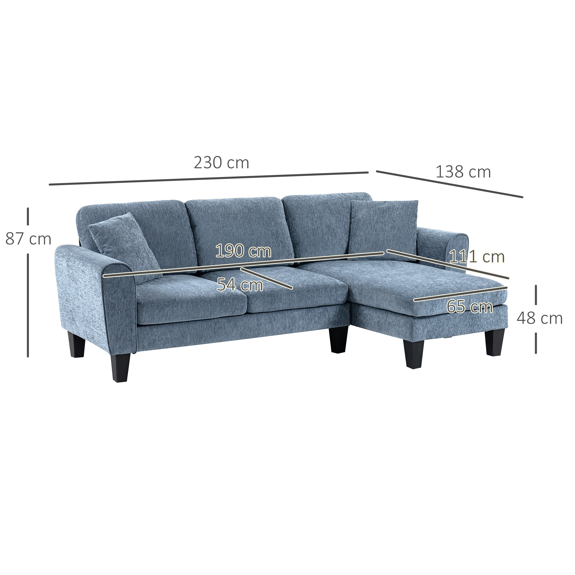 Un sofá seccional azul con dimensiones etiquetadas. Ancho total 230cm, alto 87cm.