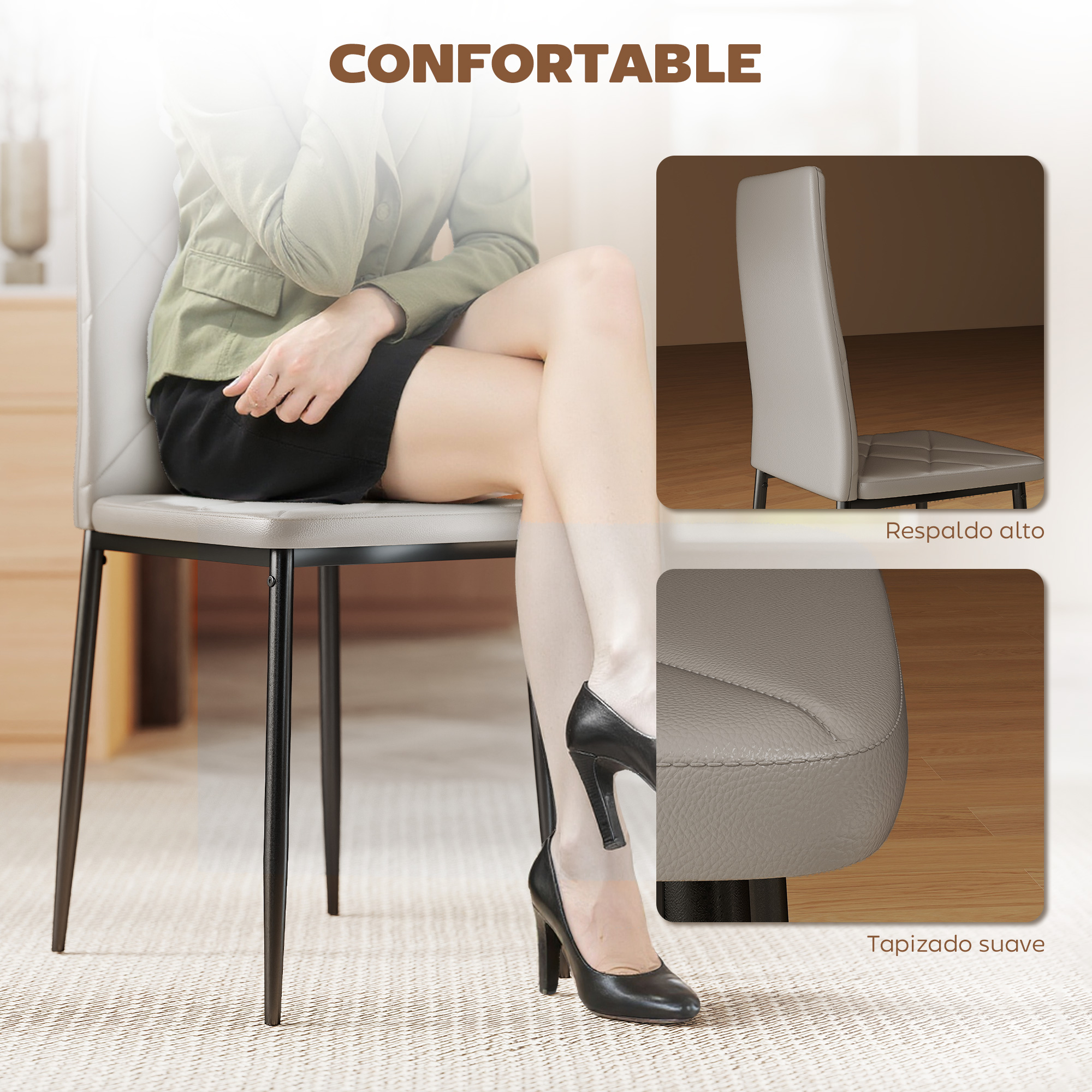 Mujer sentada en silla gris con patas negras. Vistas detalladas de respaldo y tapizado.
