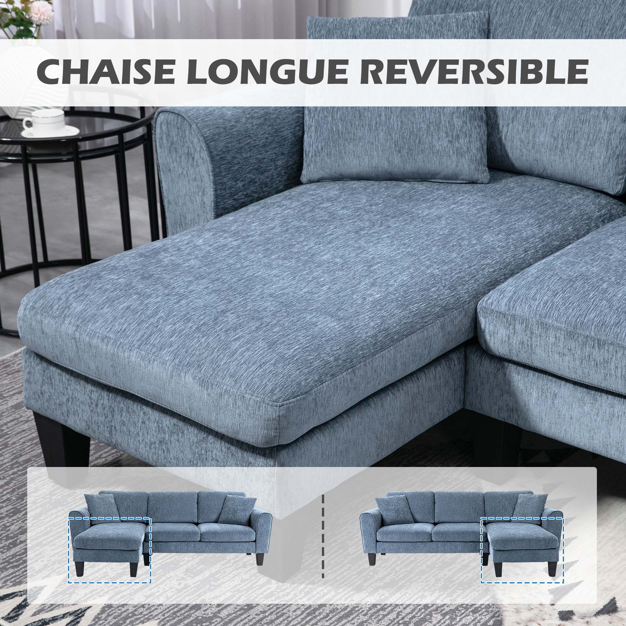 Sofá azul grisáceo con chaise y cojines, se muestran dos configuraciones.