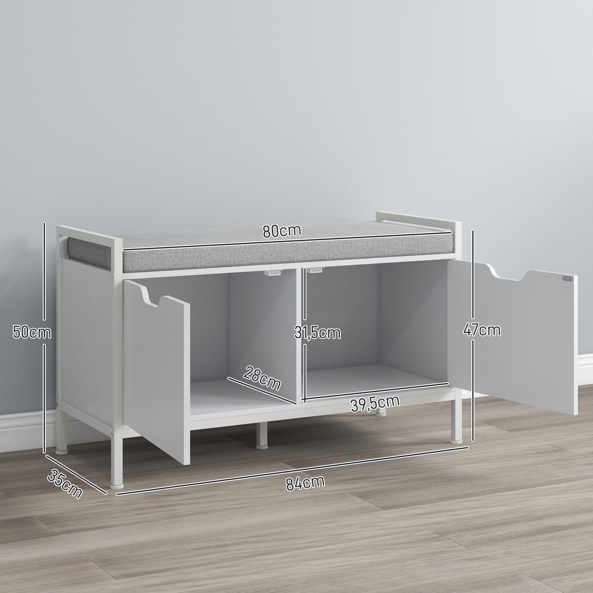 Zapatero blanco con asiento tapizado, medidas 84x35x50cm.