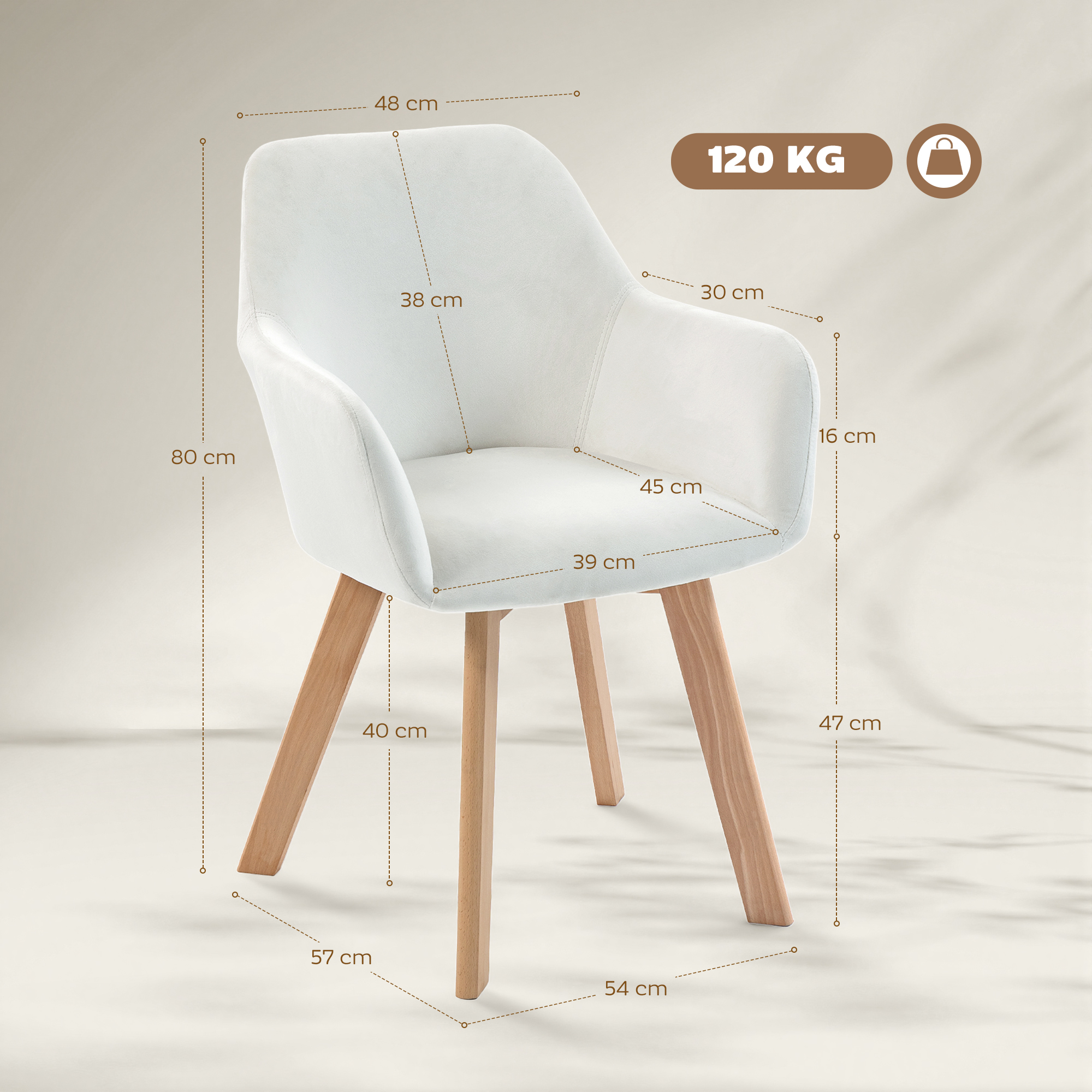 Un sillón blanco con patas de madera. Se muestran dimensiones y capacidad de 120 kg.