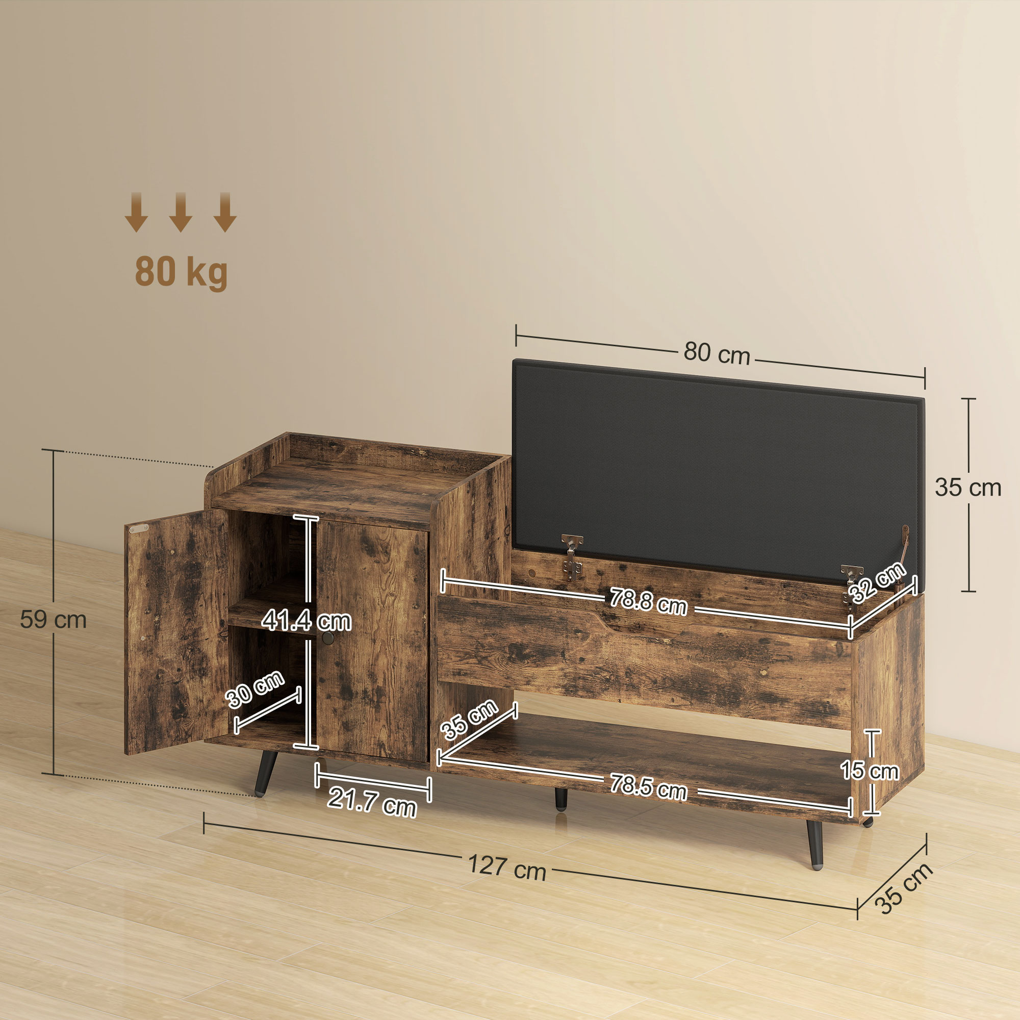 Mueble de TV de madera con compartimentos abiertos y cerrados. Se muestran dimensiones.