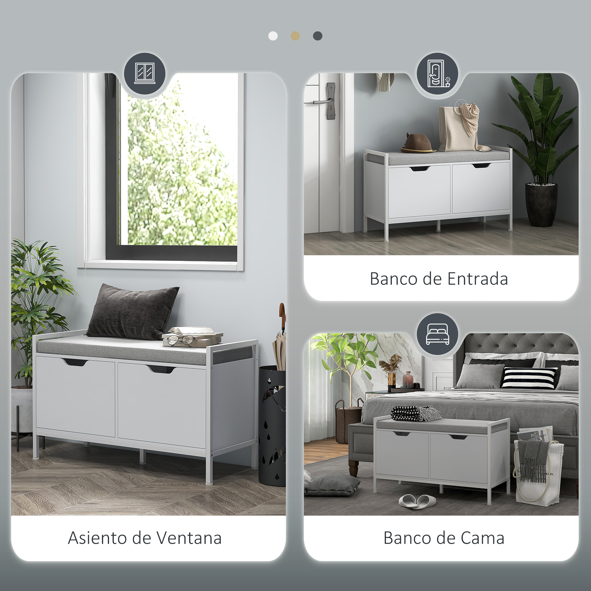 Un banco de almacenamiento blanco que sirve como asiento junto a la ventana, banco de entrada y banco de cama.