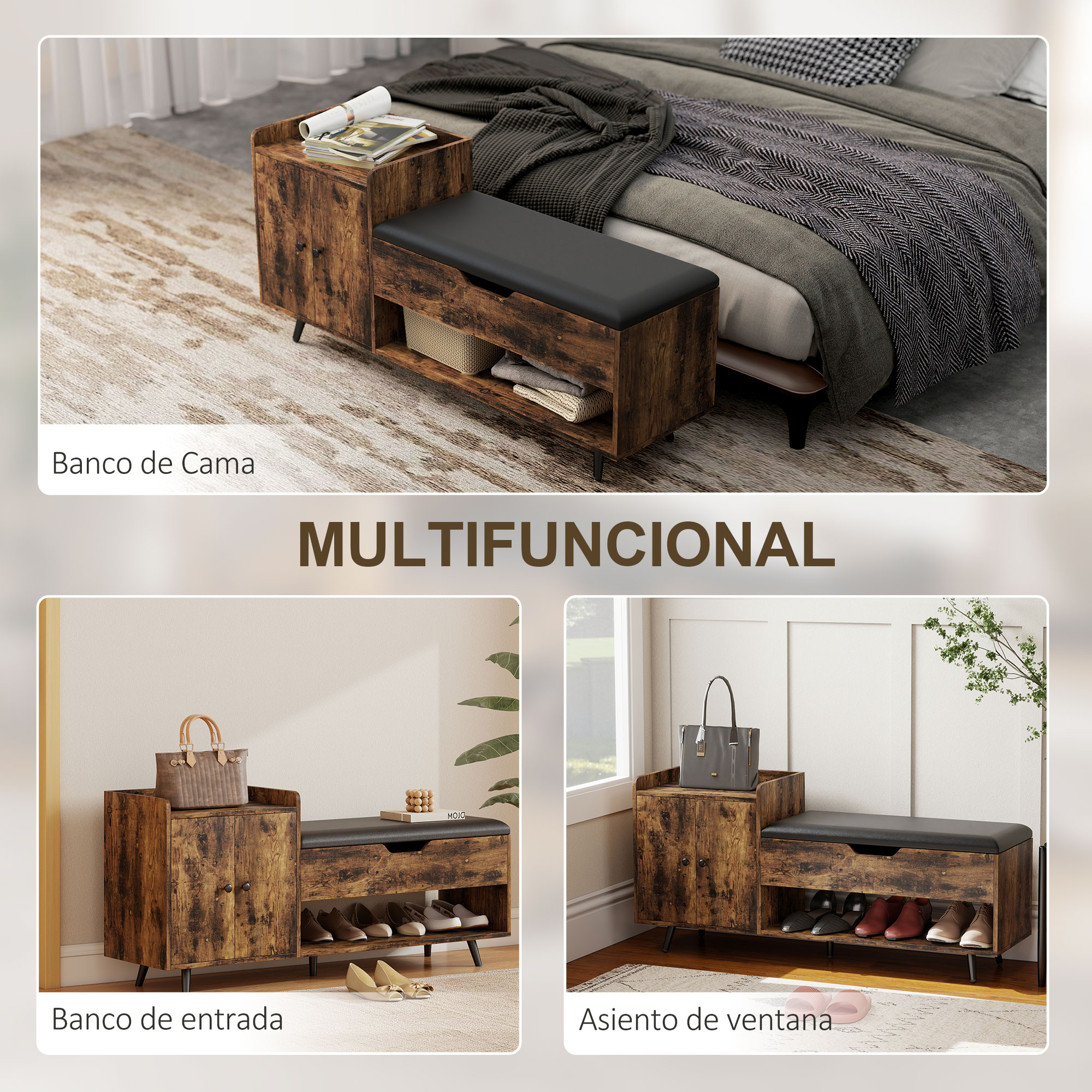 Mueble zapatero de madera con banco negro, junto a cama y asiento de ventana.