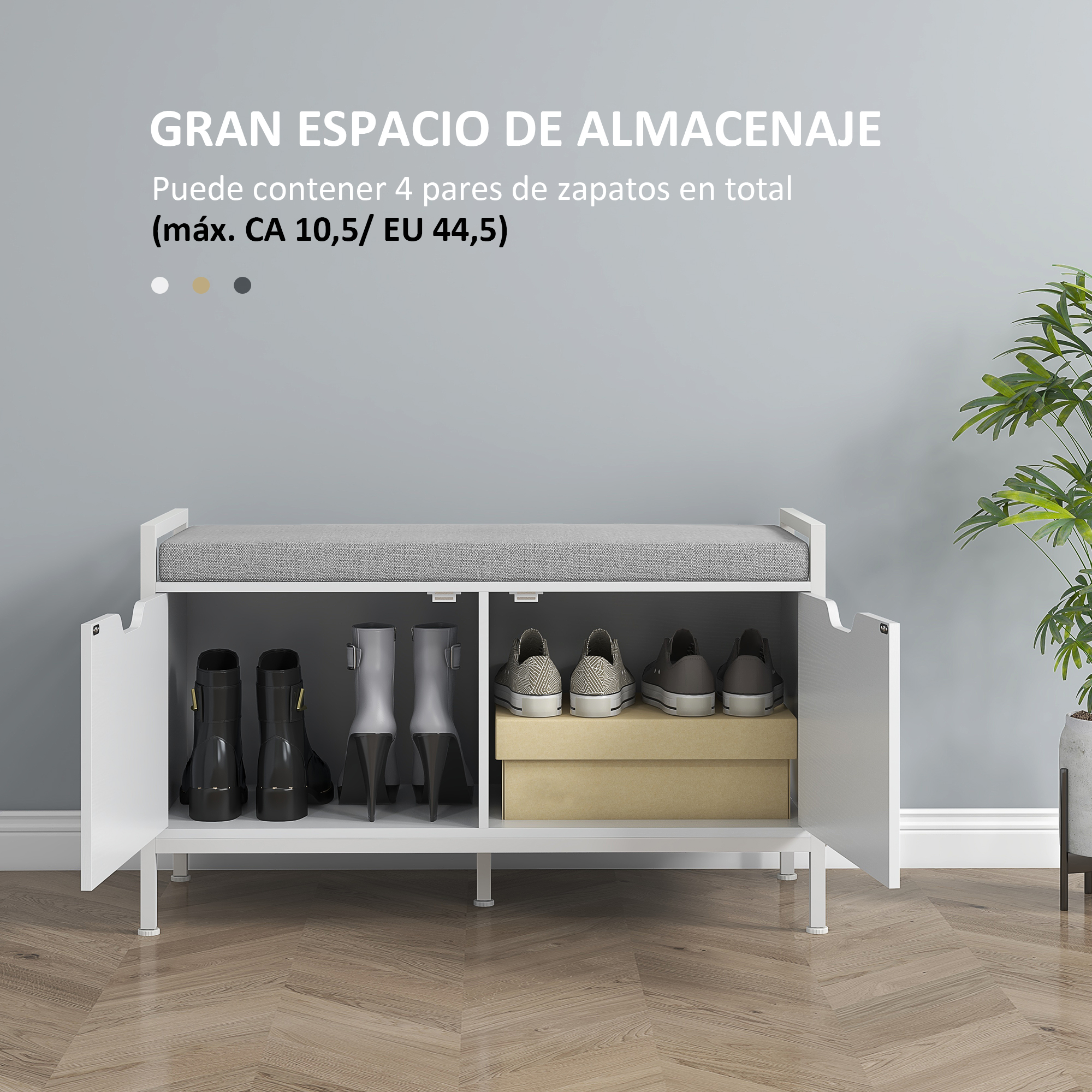 Zapatero blanco con banco, puertas abiertas que muestran botas y zapatos dentro.