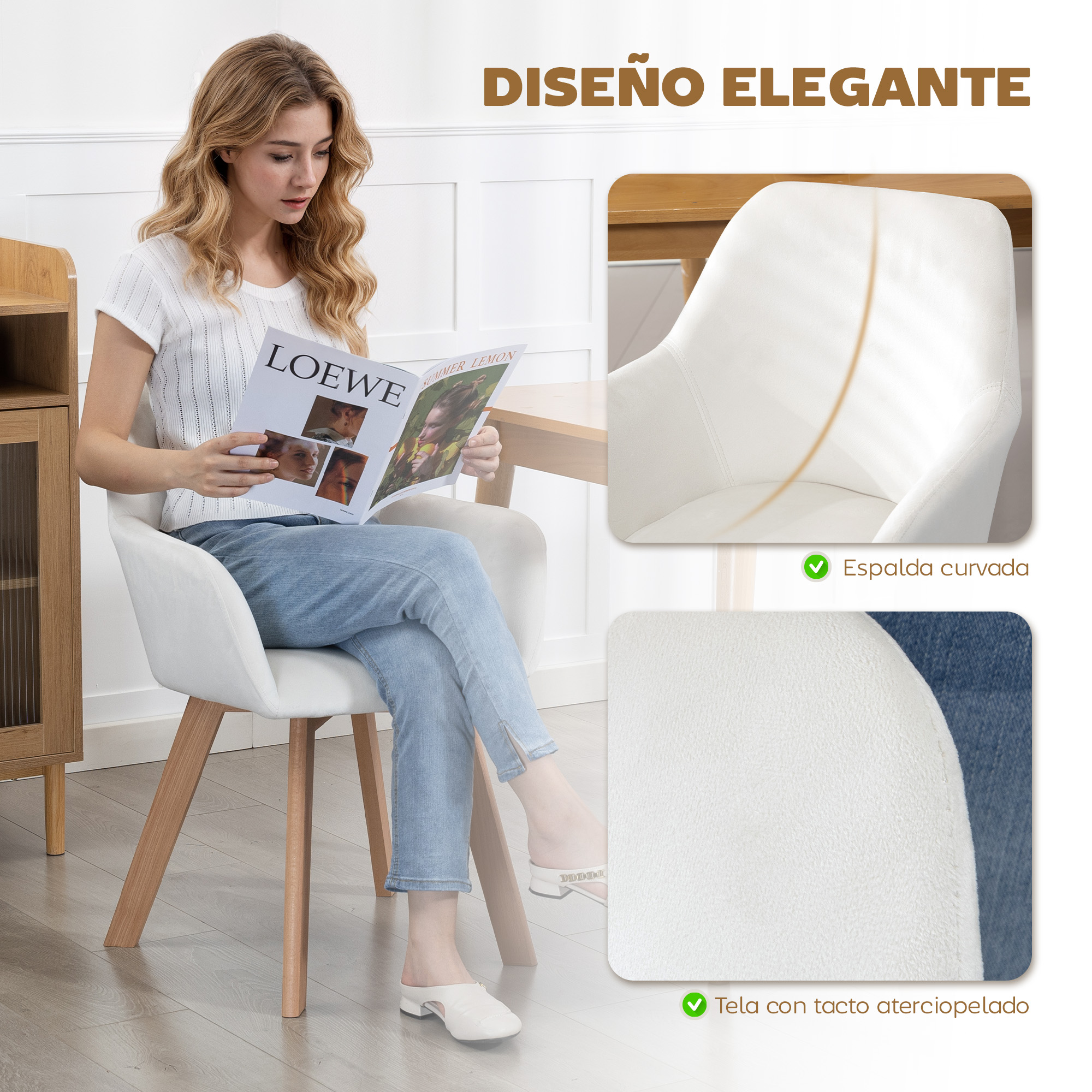 Mujer lee revista en silla blanca con patas de madera, junto a un mueble de madera.