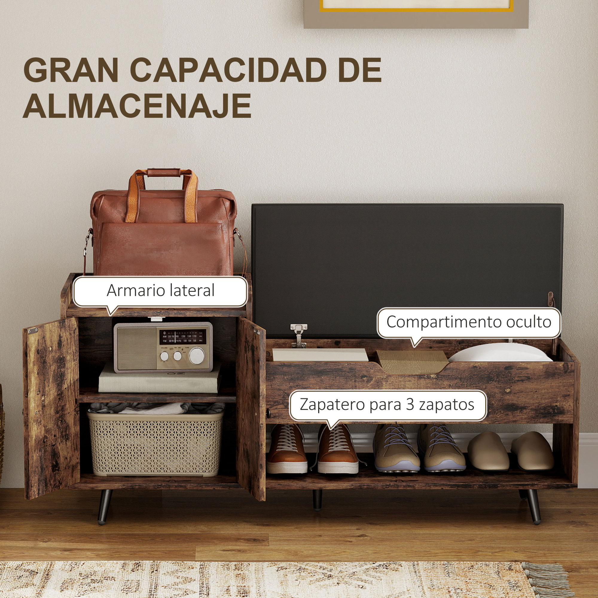 Mueble de madera con almacenamiento abierto y cerrado, zapatero incluido.