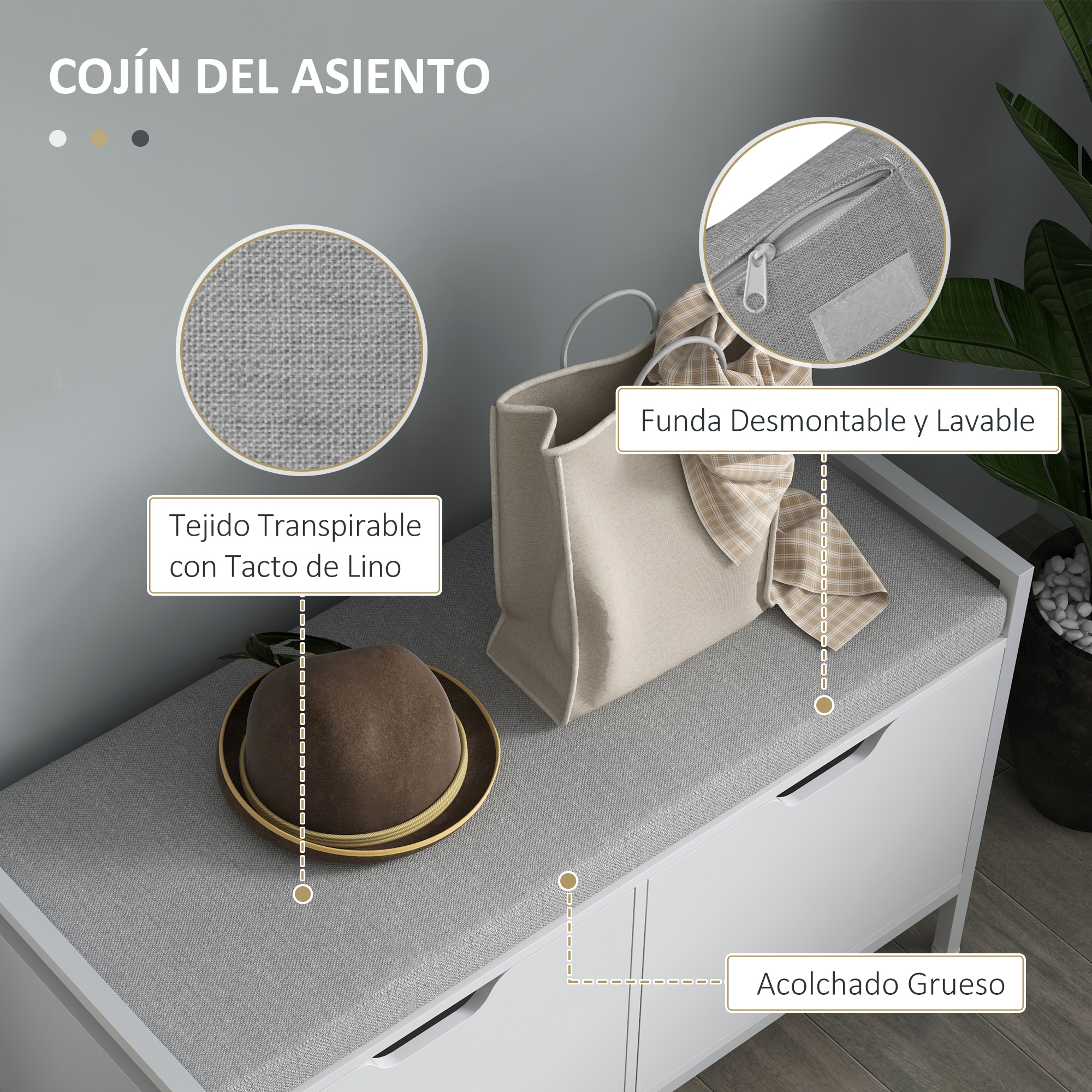 Un sombrero marrón yace sobre un cojín gris junto a un bolso.