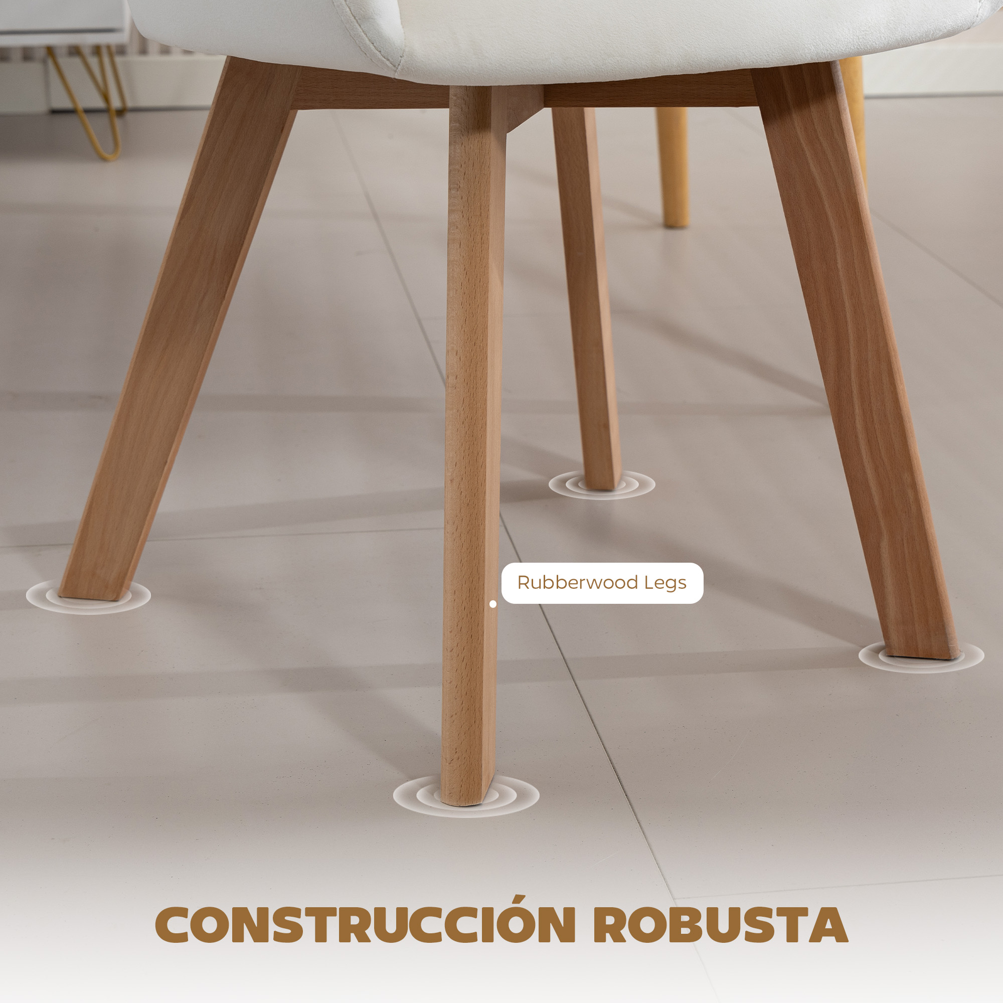 Patas blancas de madera de caucho para silla sobre suelo claro con marcas circulares.