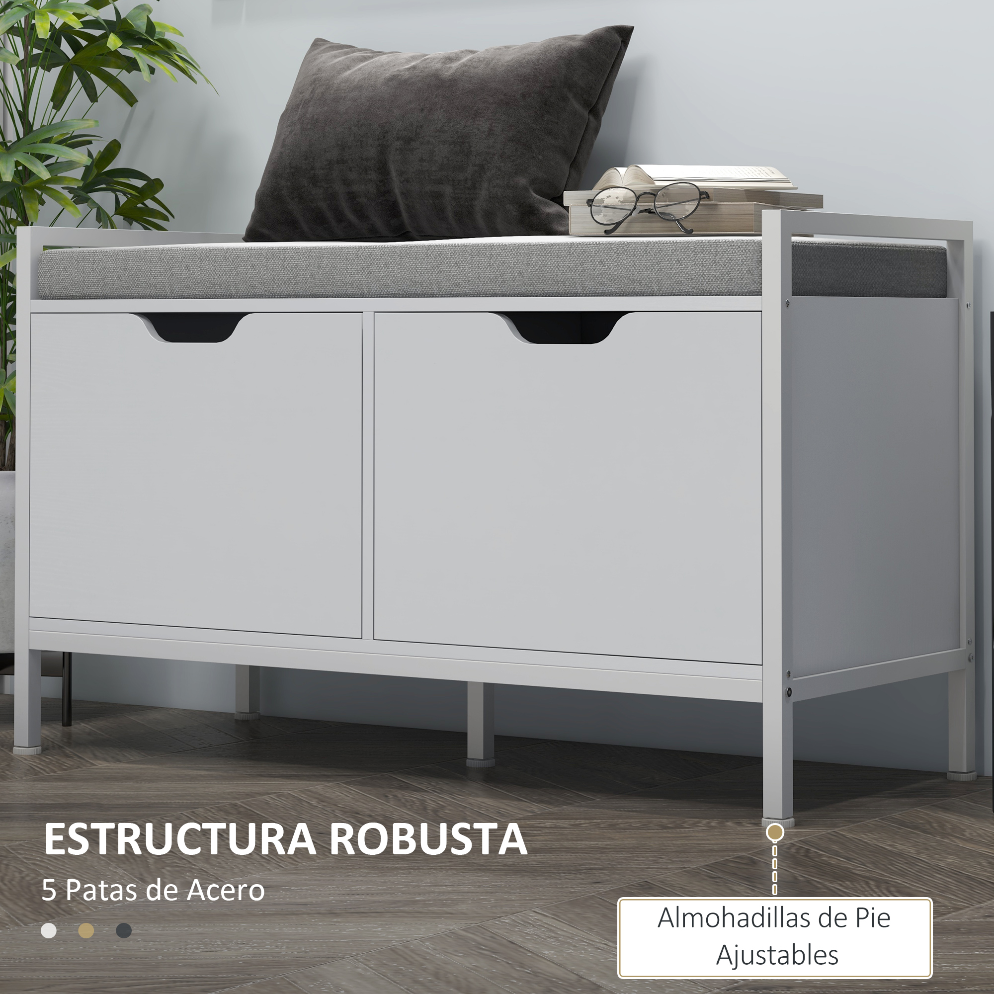 Zapatero blanco con banco acolchado, dos cajones y libros.
