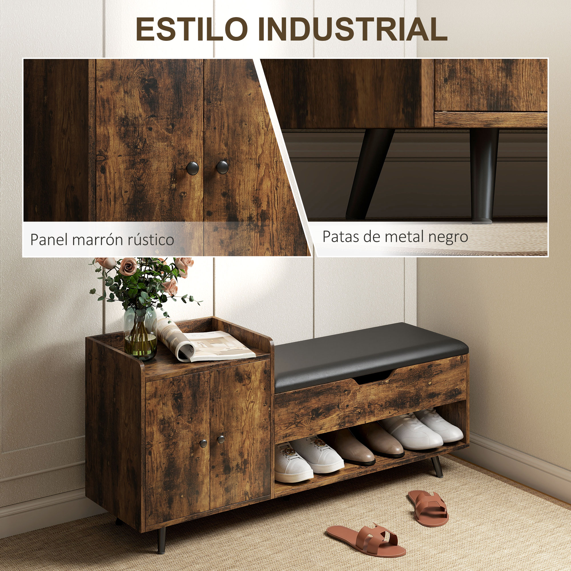 Mueble de madera con asiento negro, zapateros y almacenamiento.