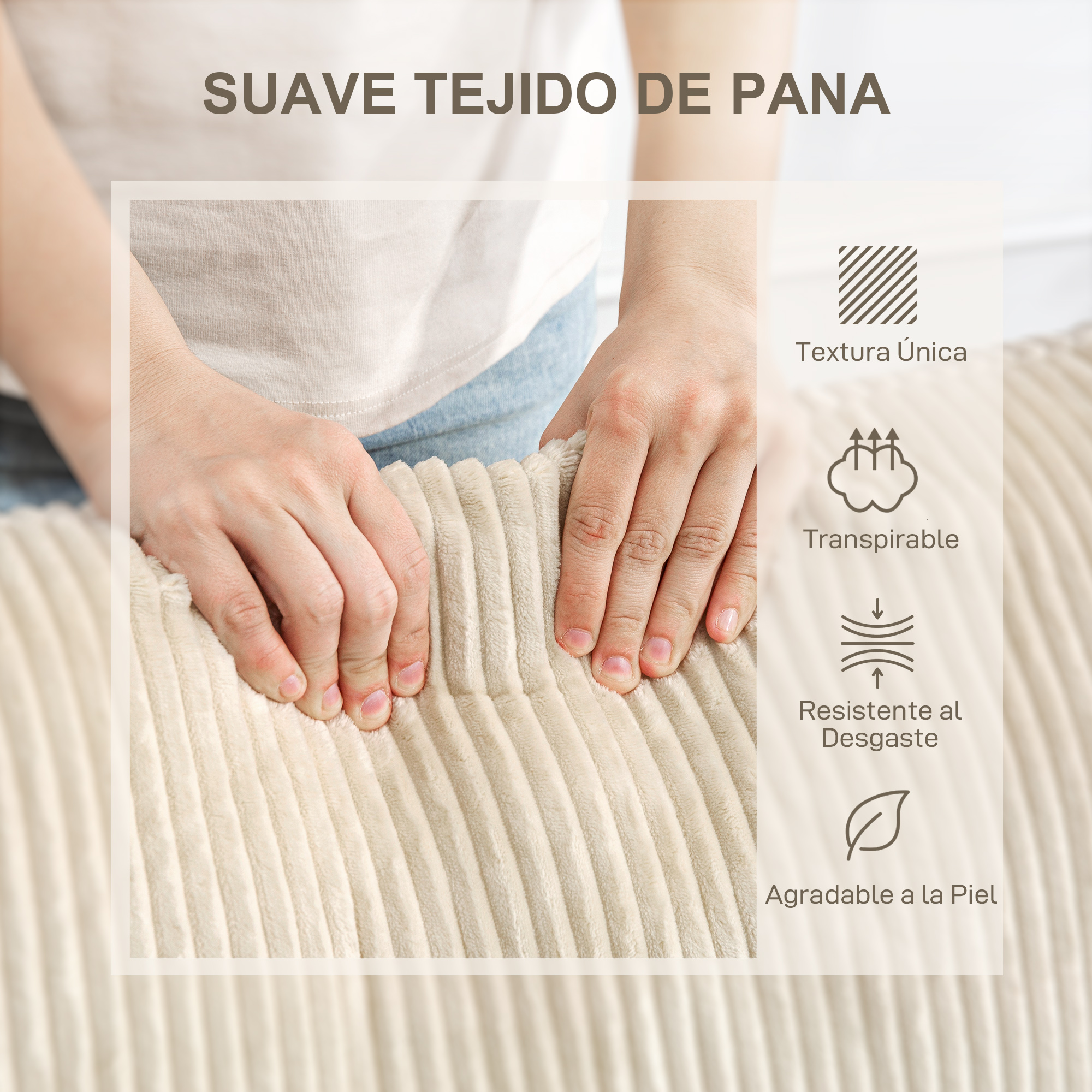 Manos presionan tela de pana suave y beige claro. "SUAVE TEJIDO DE PANA"