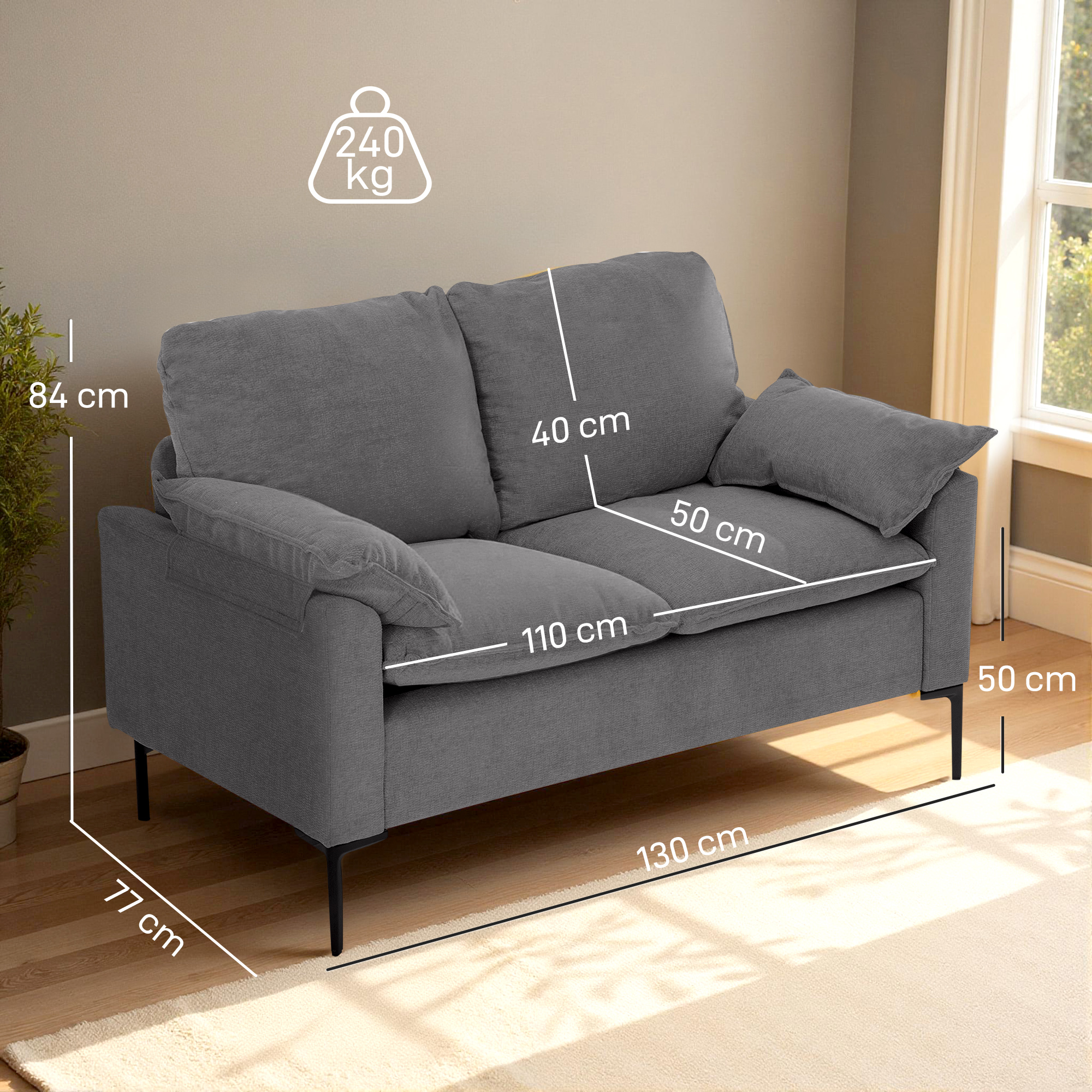 Sofá de dos plazas gris: 84x130x77cm, capacidad 240kg.