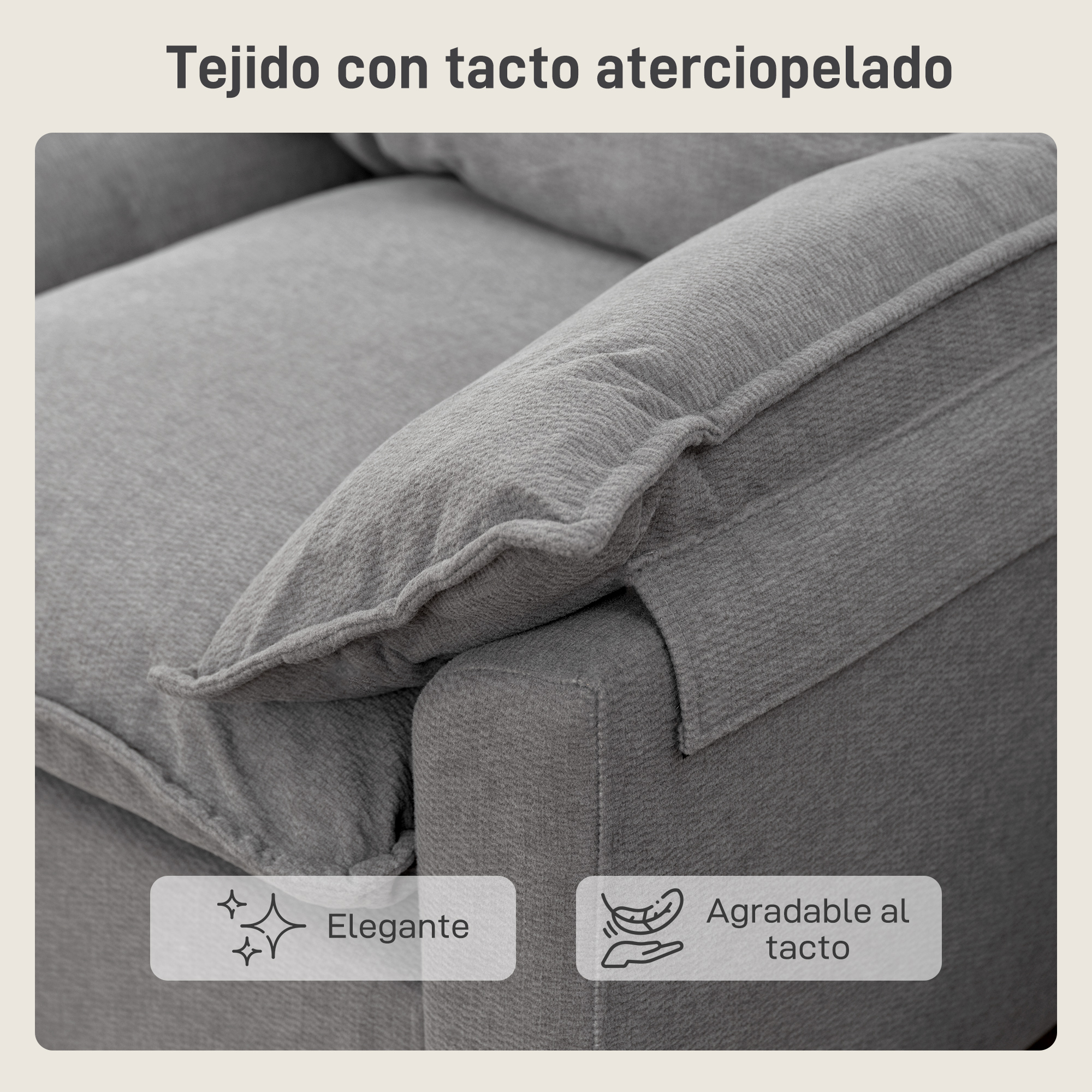 Sofá de tela gris con textura detallada y cojines suaves.