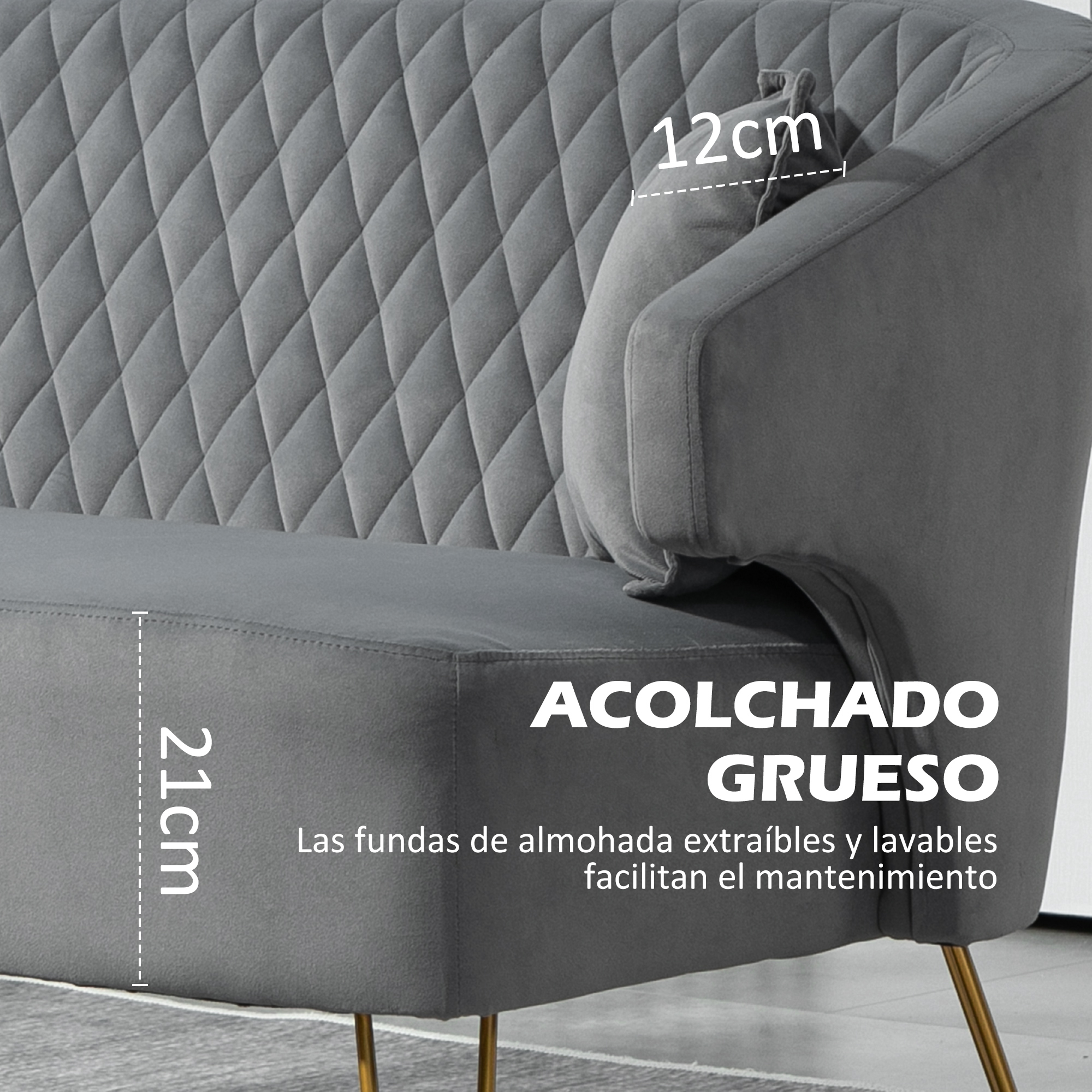 Sofá gris con acolchado de rombos, altura de asiento 21 cm.