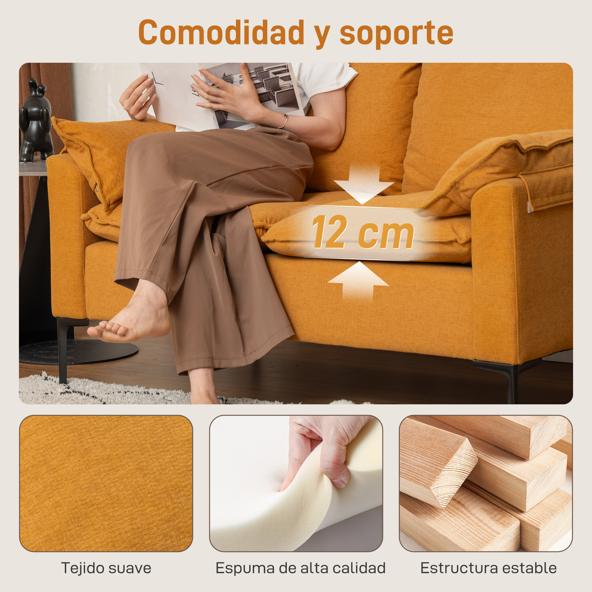 Un sofá amarillo con una persona leyendo. Primeros planos muestran tela, espuma y madera.