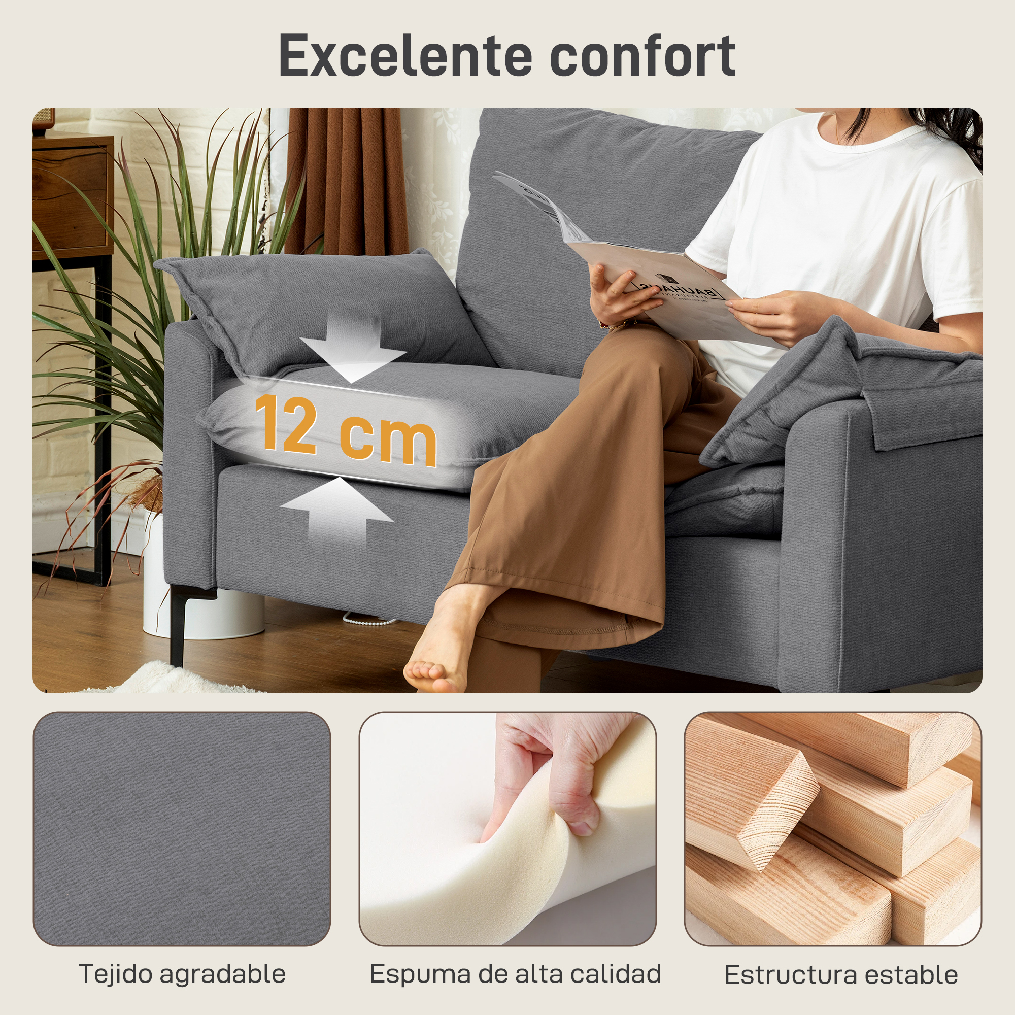 Asiento de sofá gris con 12 cm de altura, espuma y estructura de madera.