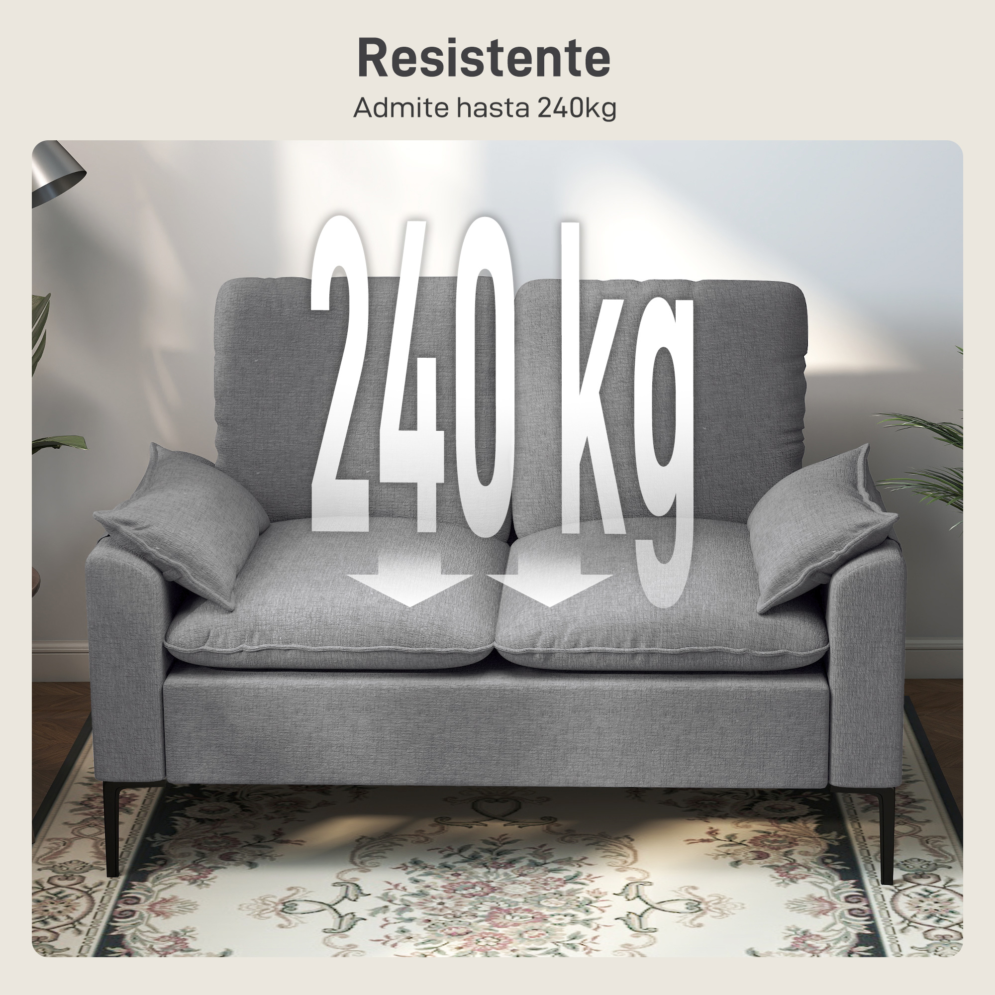 Sofá gris con texto "Resistente" y capacidad de 240 kg.