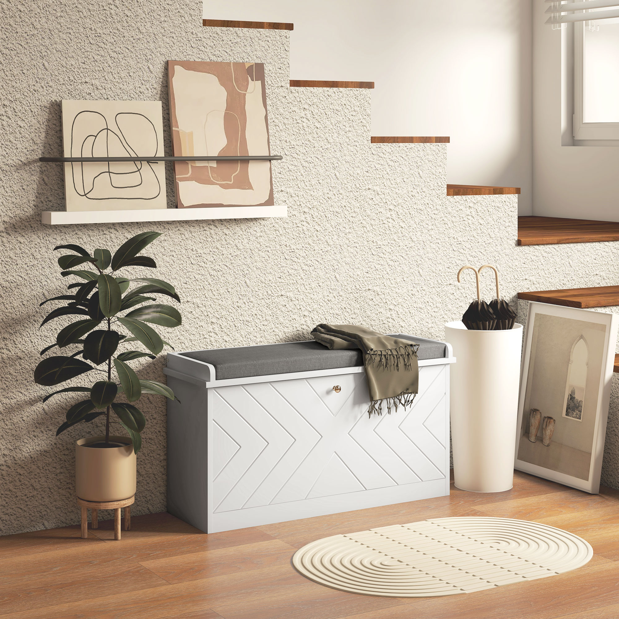 Un banco blanco con cojín, al lado un soporte para plantas con planta.