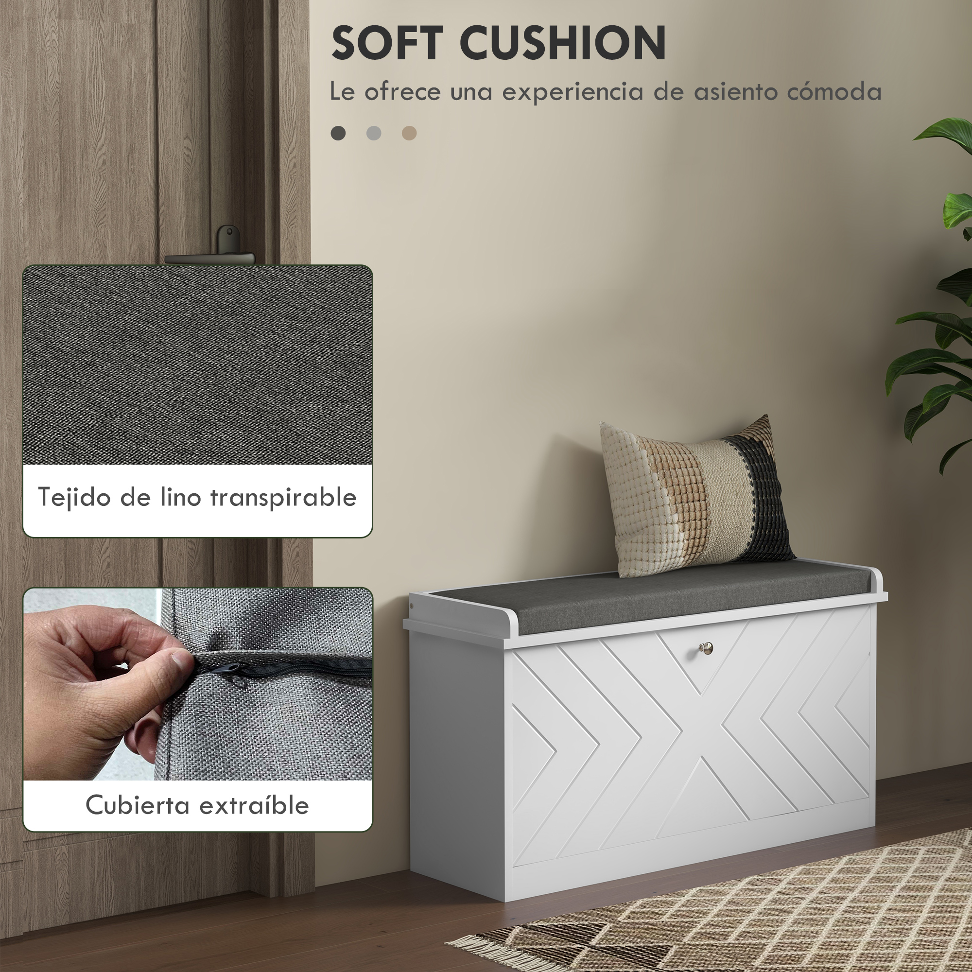 Banco de almacenamiento blanco con cojín gris y almohada decorativa. Puerta y planta detrás.