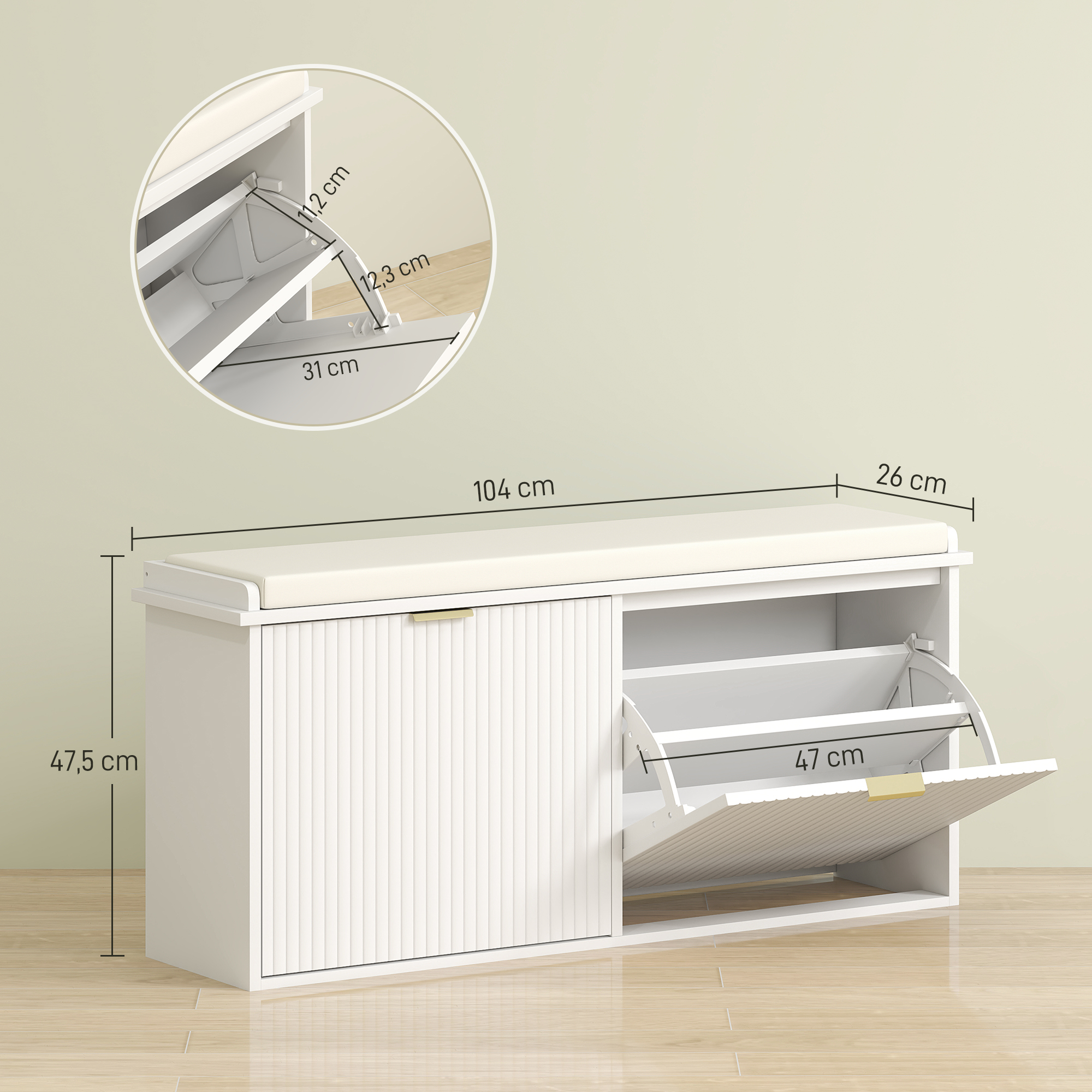 Zapatero blanco con banco, dimensiones 104x47,5x26 cm.